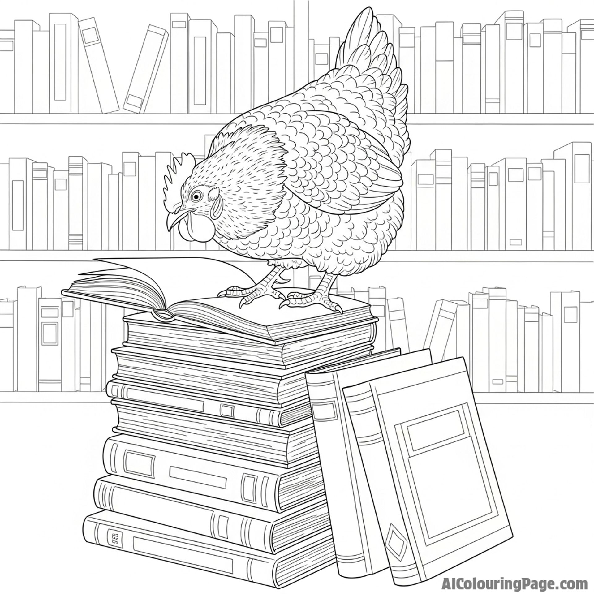 A hen in a library, perched on a stack of old books.