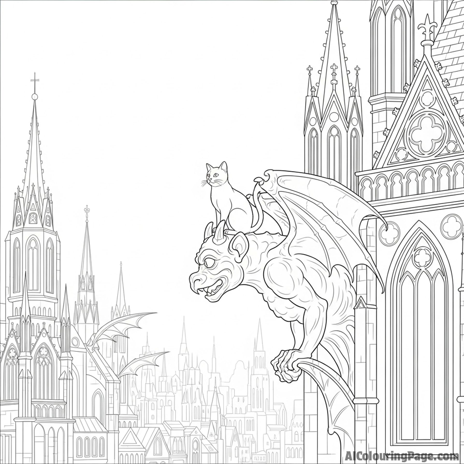 A cat perched on a gargoyle, overlooking a gothic city.