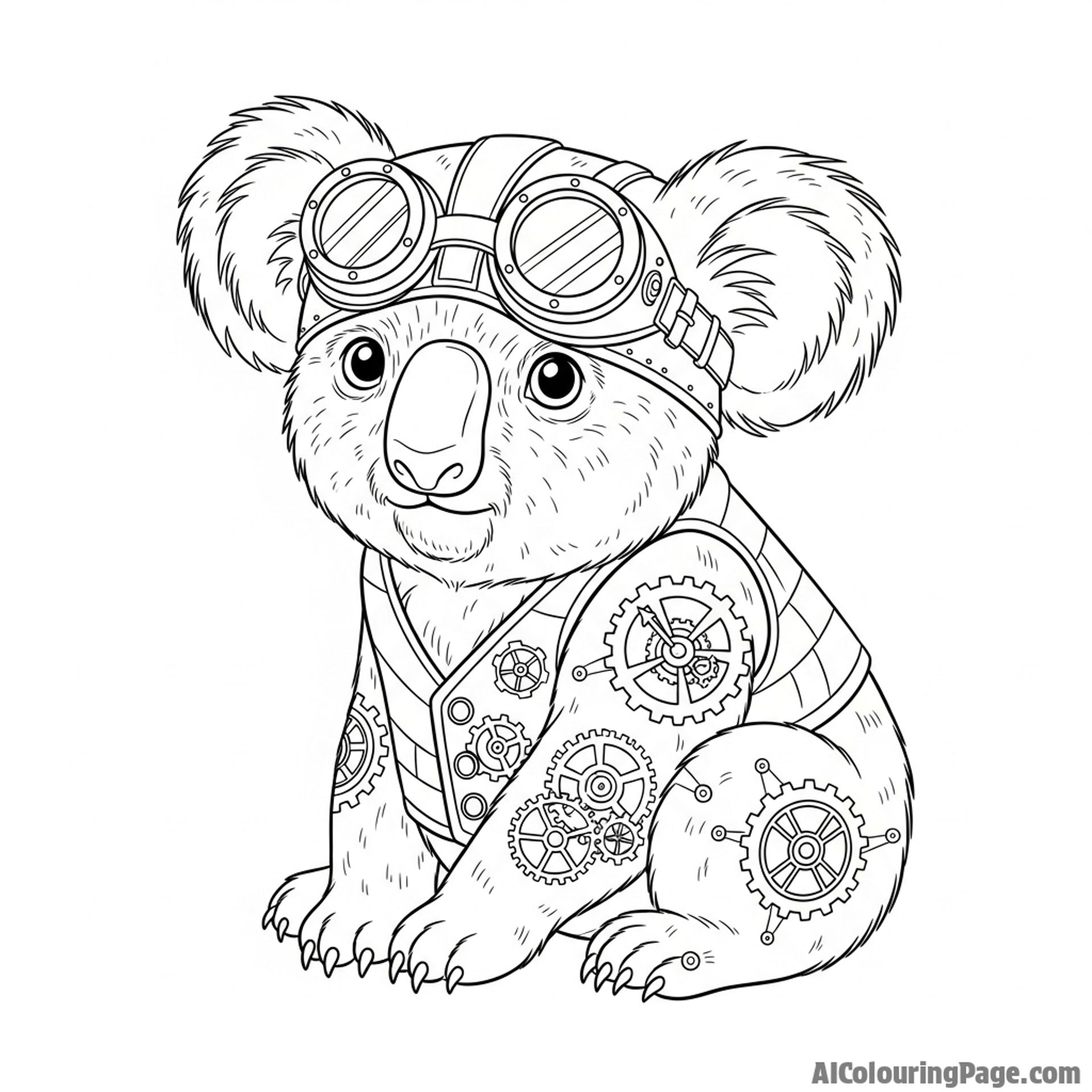 A steampunk koala adorned with brass goggles and intricate clockwork gears.