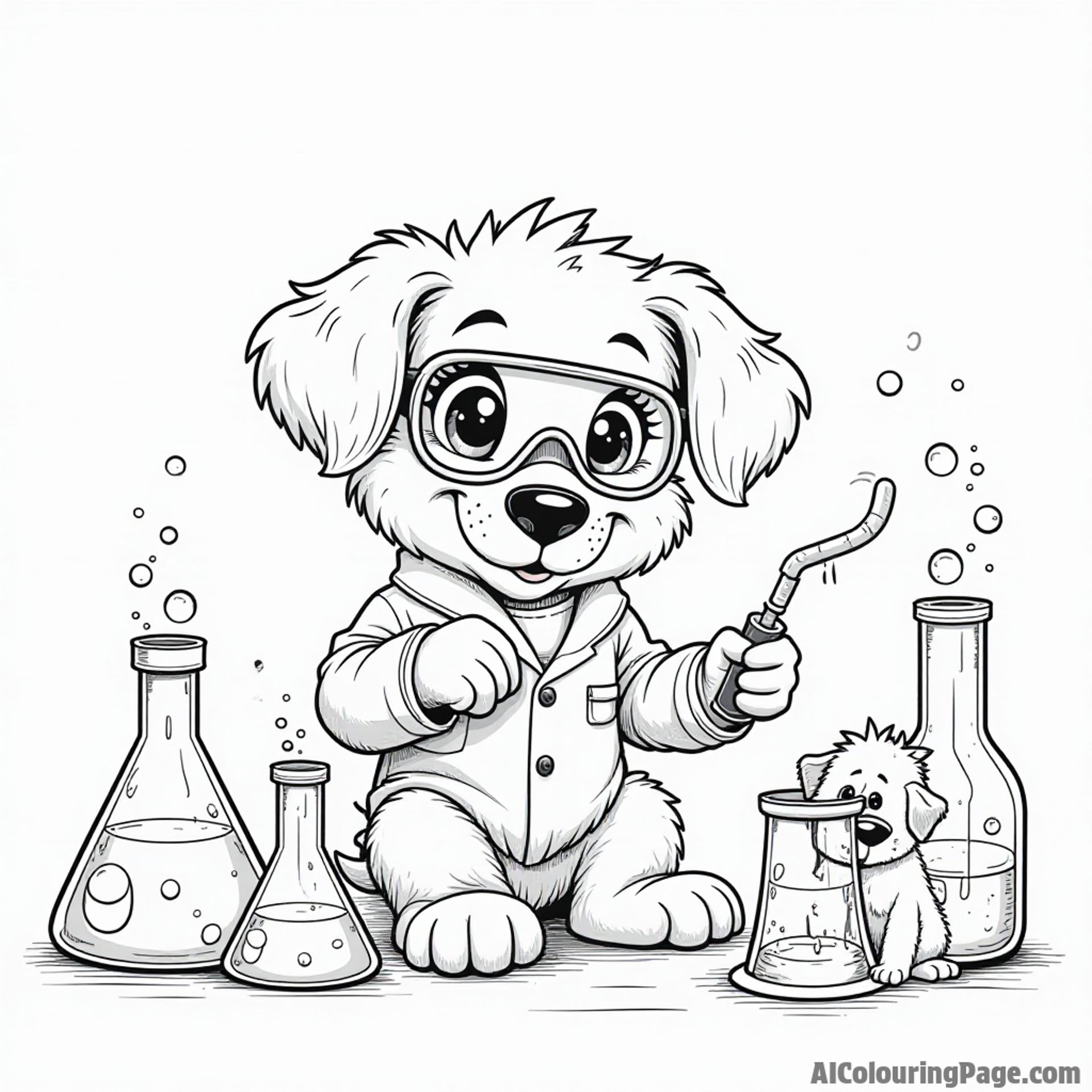A puppy in a science lab experimenting with colorful liquids, surrounded by beakers, goggles, and a curious little lab assistant.