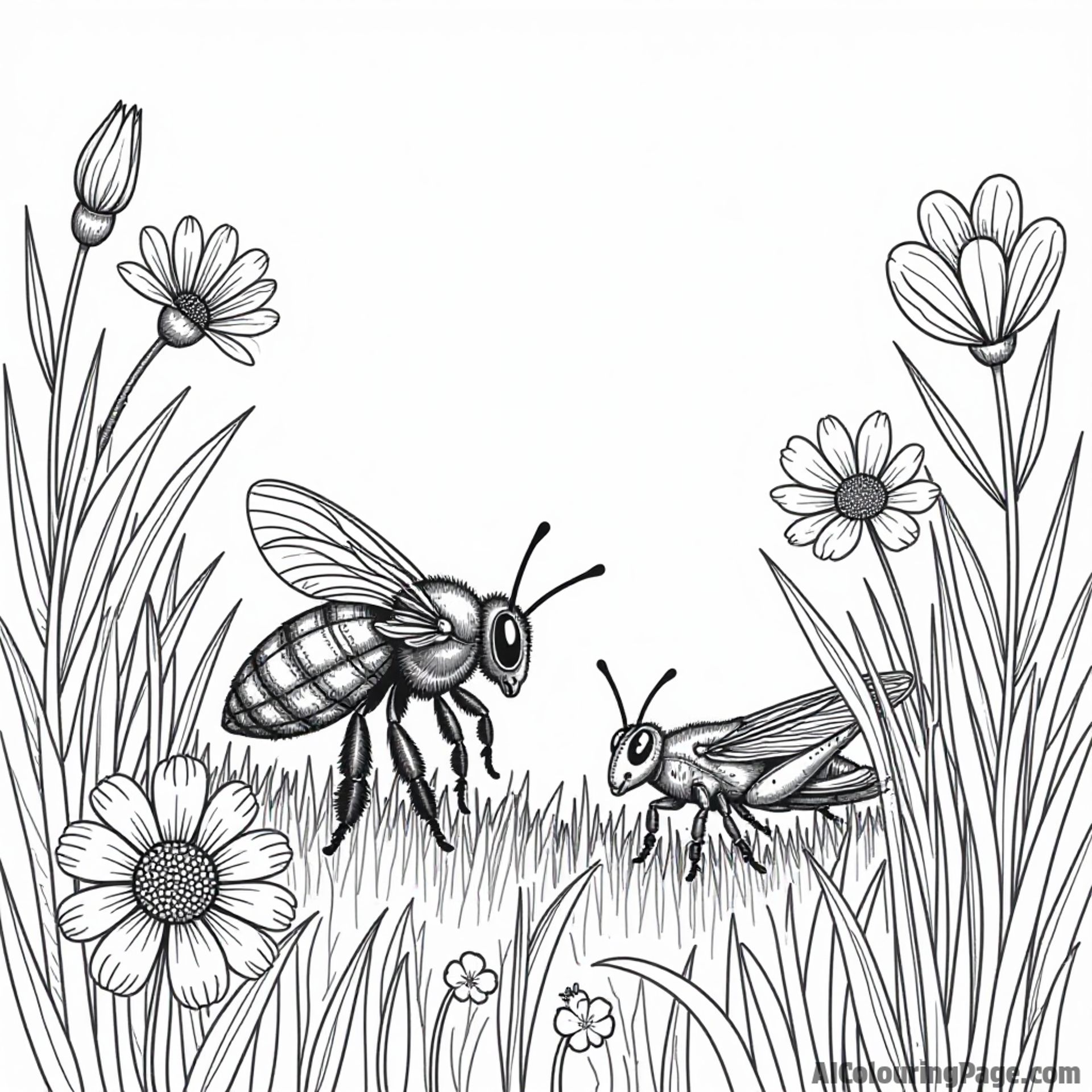 A bee and a grasshopper playing hide and seek among tall blades of grass and colorful wildflowers in a meadow.