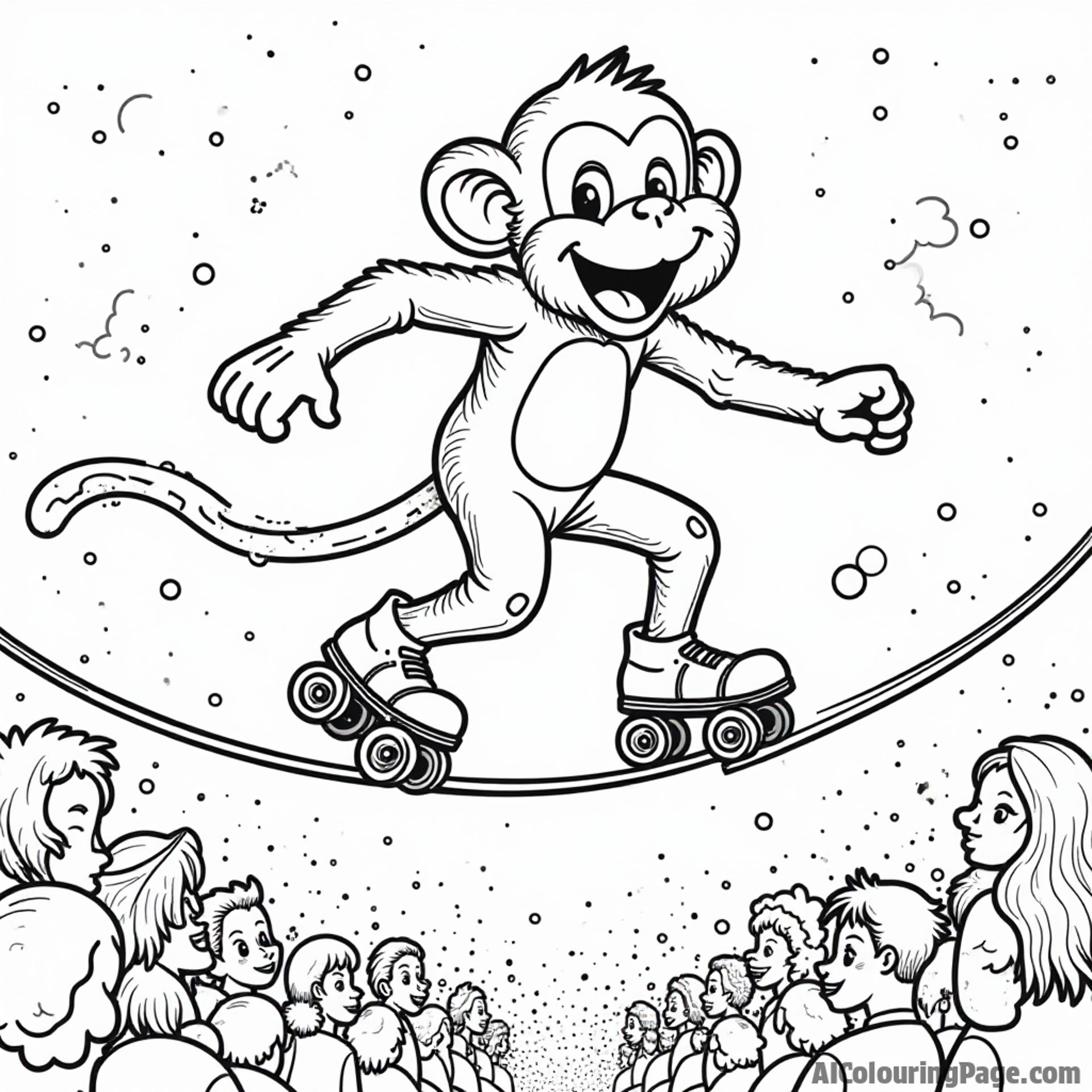 A playful monkey roller-skating on a tightrope, with a circus audience below, adding excitement and humor to sports activities in a whimsical coloring page for imaginative kids.