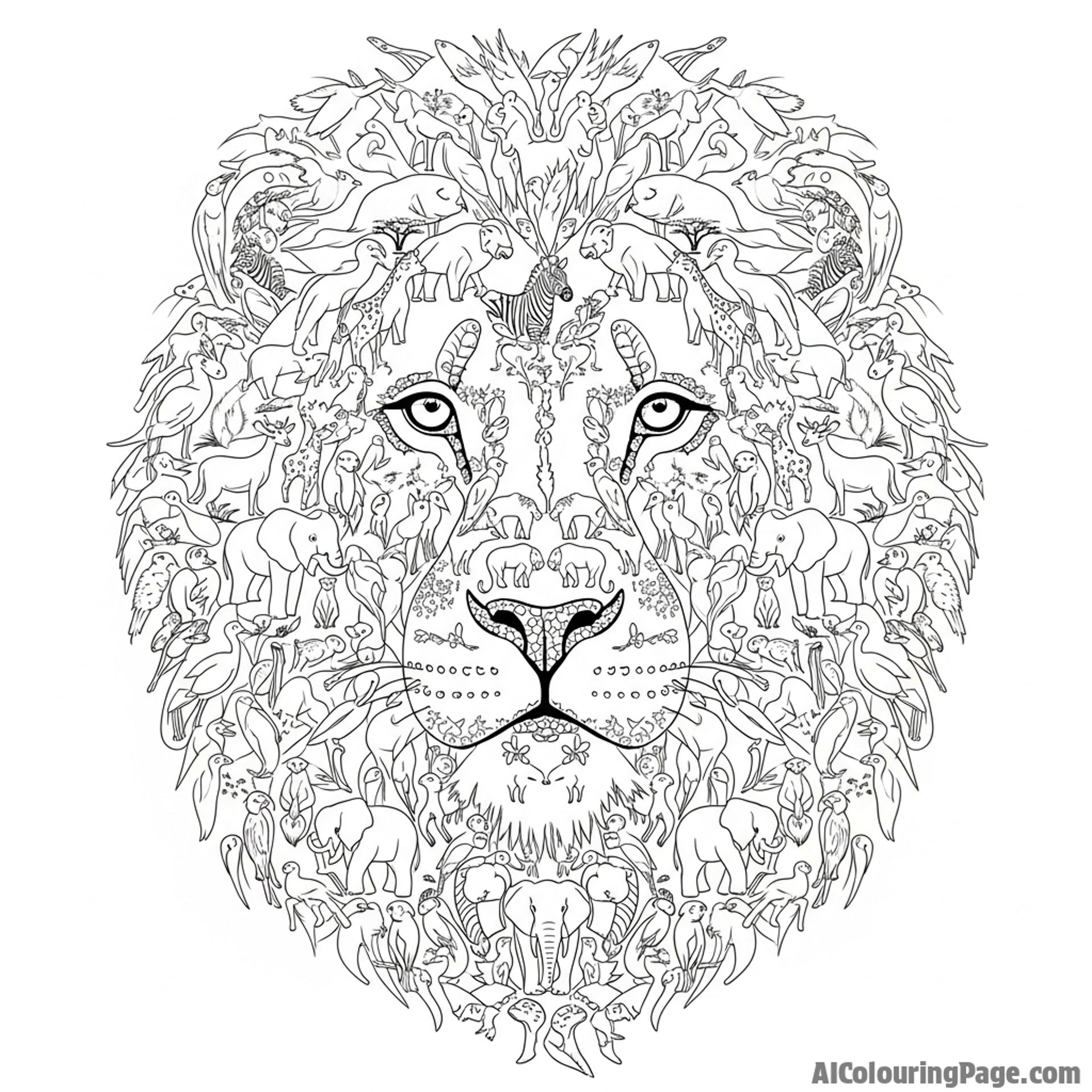 A lion's face created from a photo mosaic of hundreds of smaller savanna animals.
