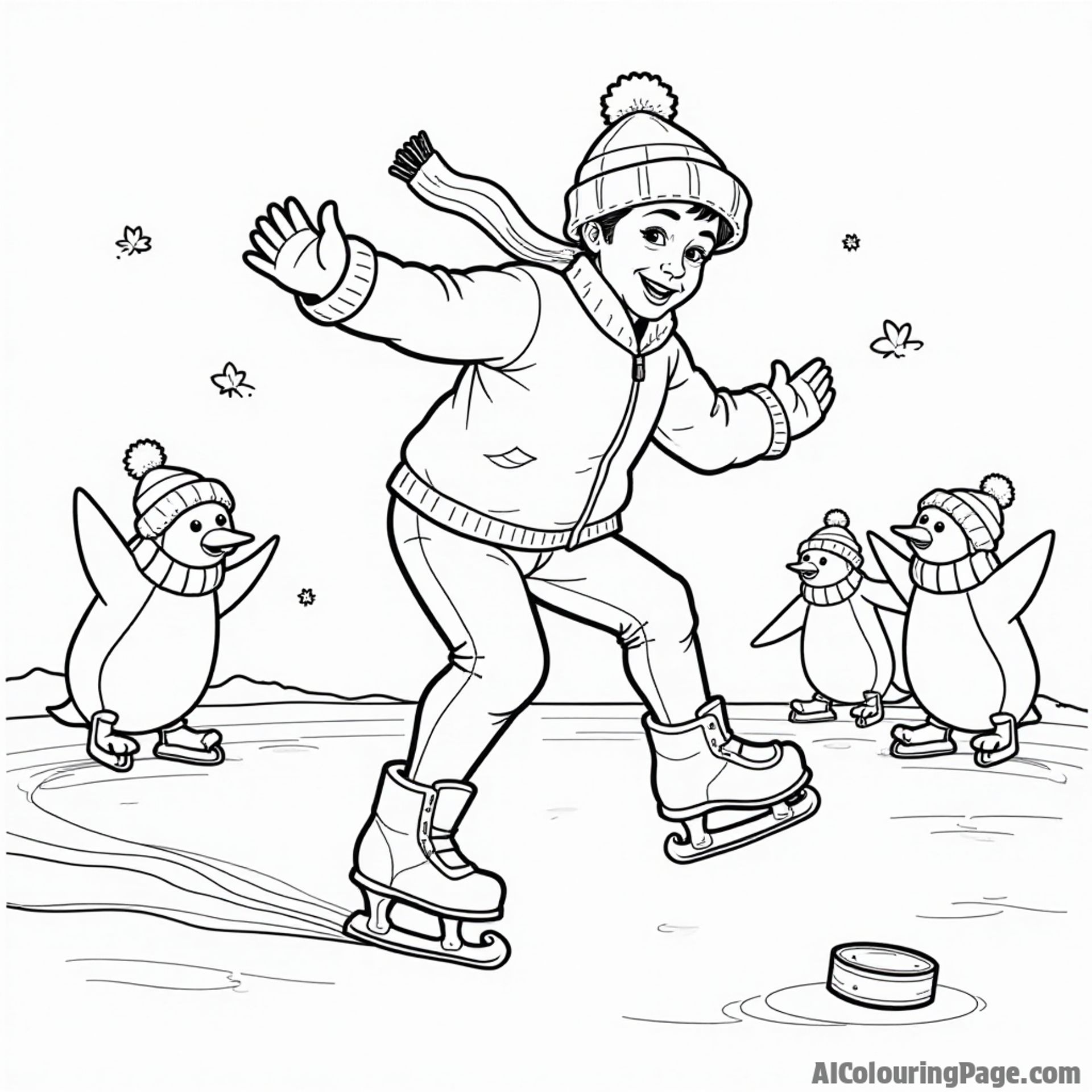 An ice skater gracefully performing tricks on the ice with a hockey puck, surrounded by cheering penguins wearing scarves and hats.