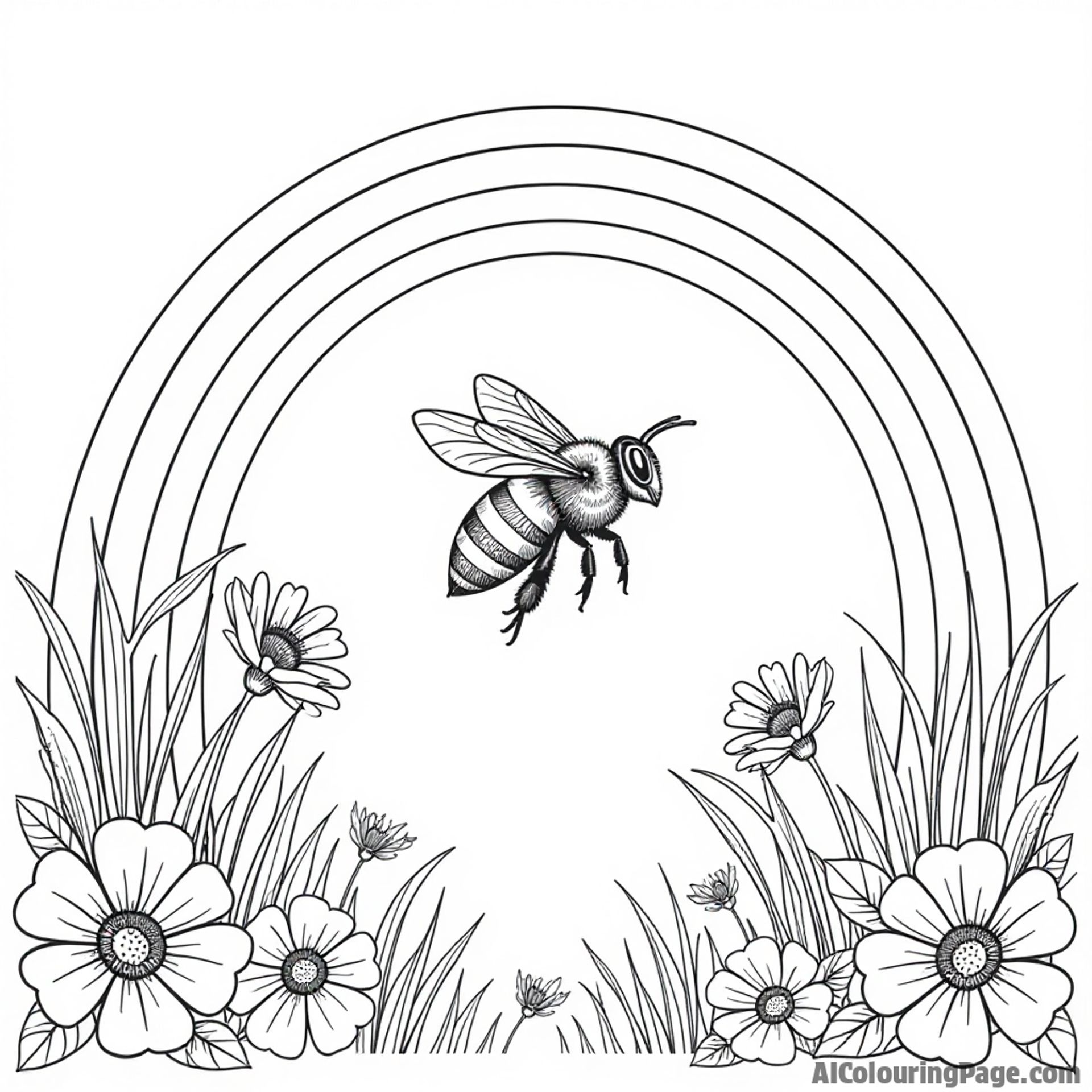 A bee flying through a rainbow arch made of flowers while other bugs cheer it on from below.