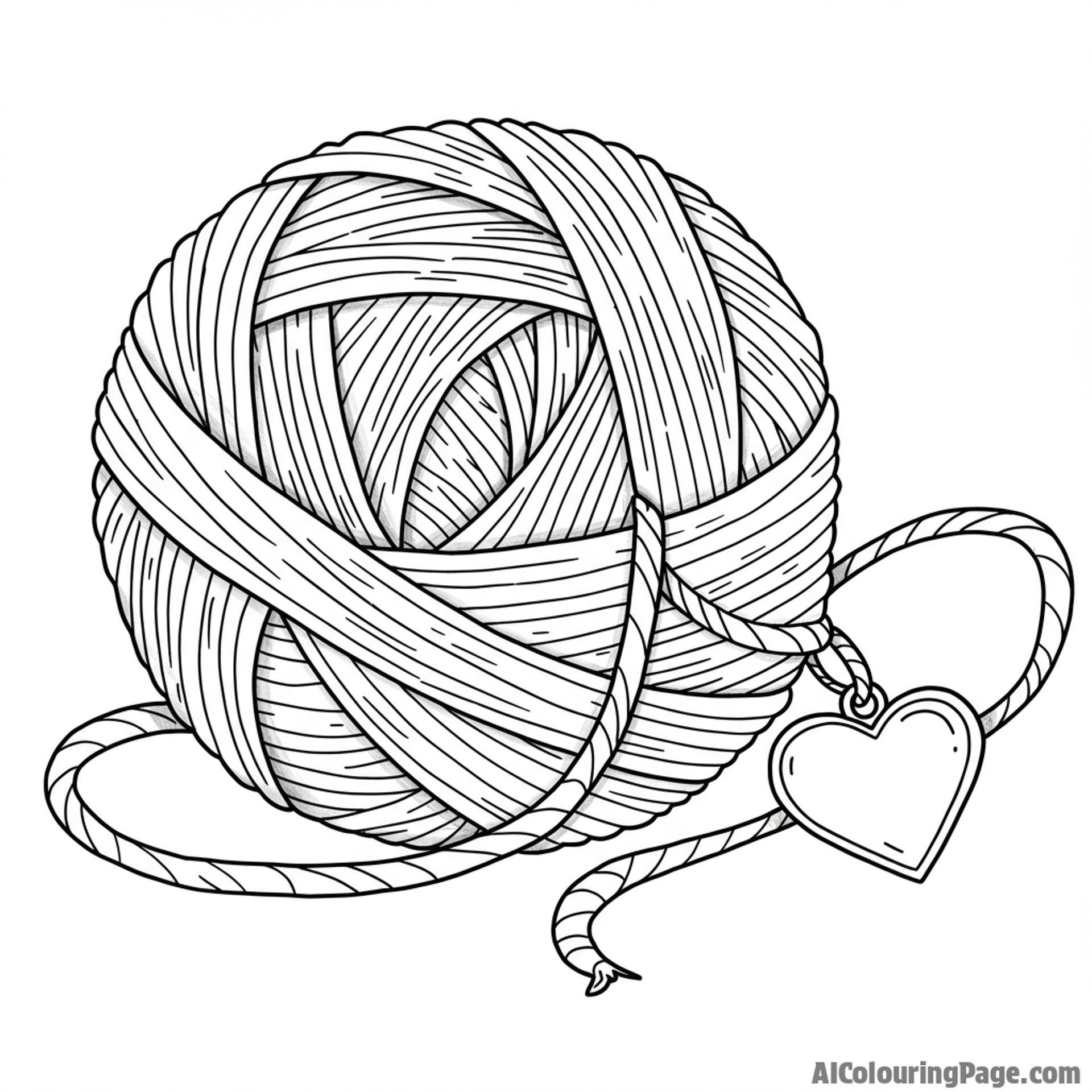 A tangled ball of yarn with a heart-shaped charm attached.