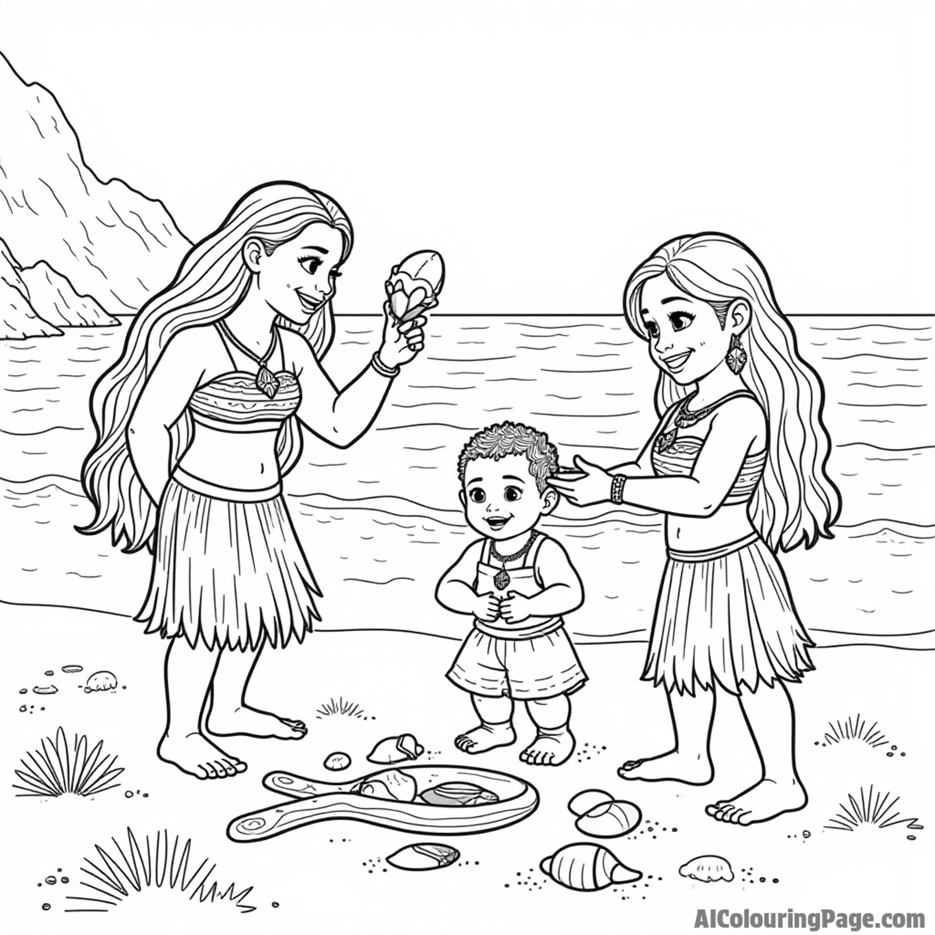 Moana and her friends creating ocean art on the beach using seashells and driftwood found along the shore.