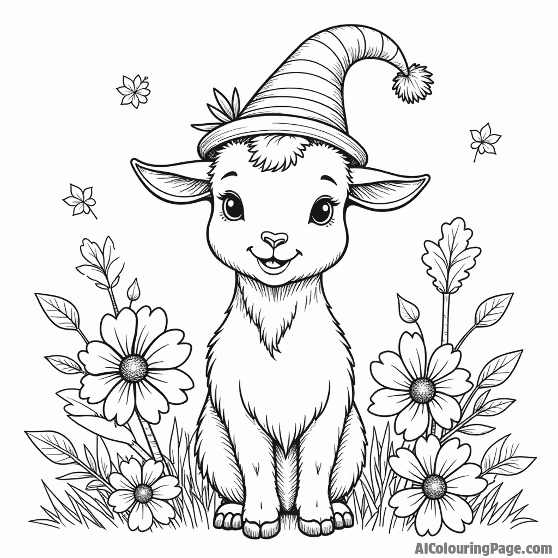 A whimsical depiction of a friendly goat wearing a festive hat, surrounded by flowers and autumn leaves, celebrating Oktoberfest in a playful scene for kids to color and enjoy.