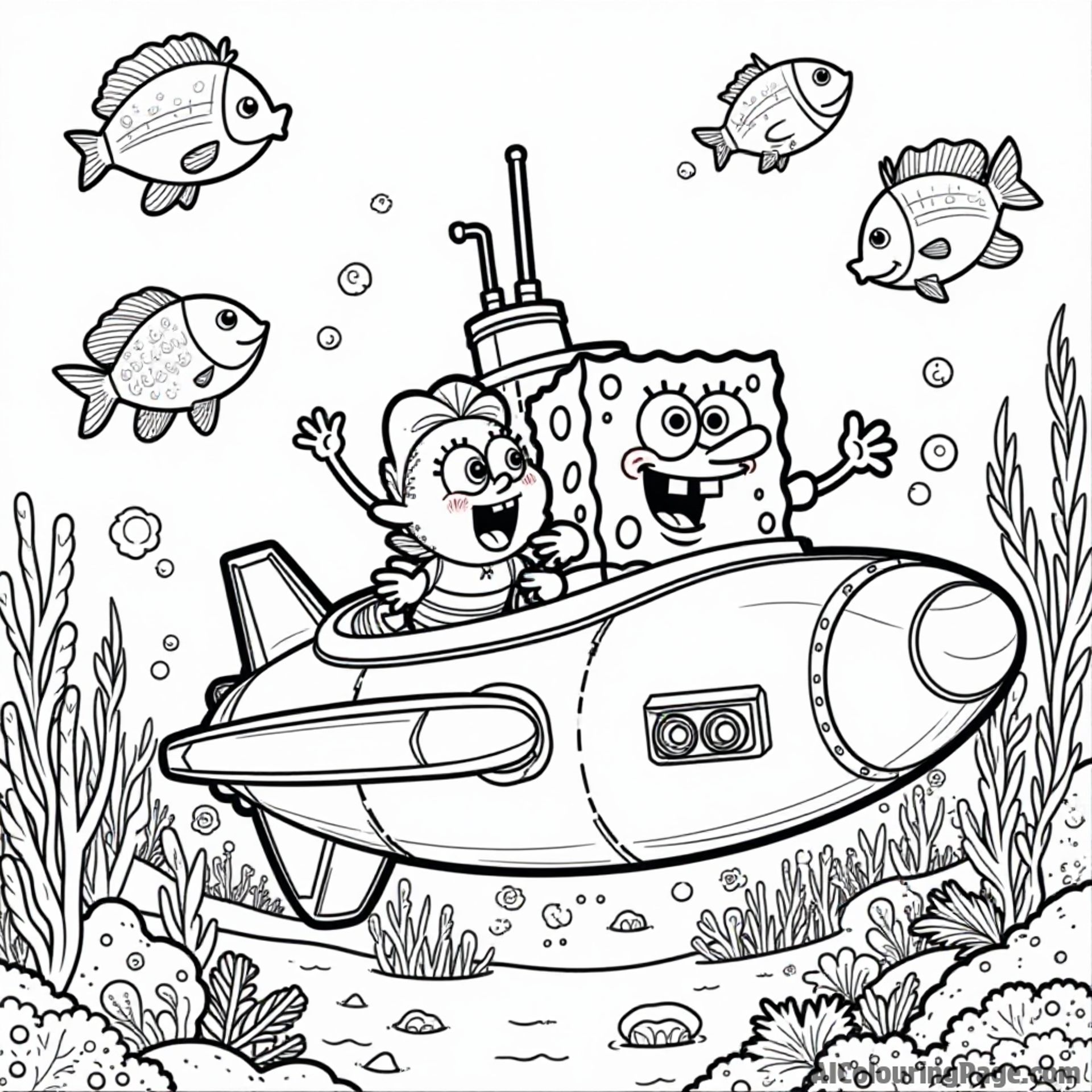 Sandy Cheeks and SpongeBob going on an underwater adventure in a submarine, exploring colorful coral reefs and fish schools