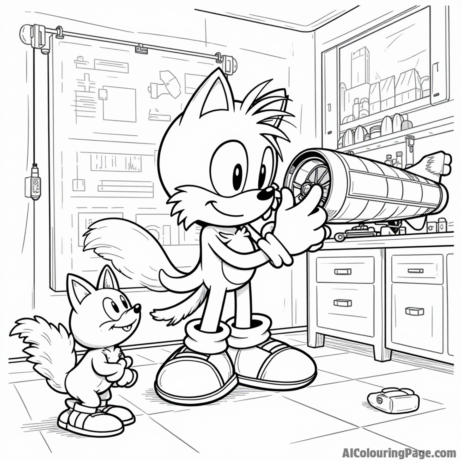 Tails creating a flying contraption in his garage, surrounded by blueprints, tools, and curious critters watching him work.