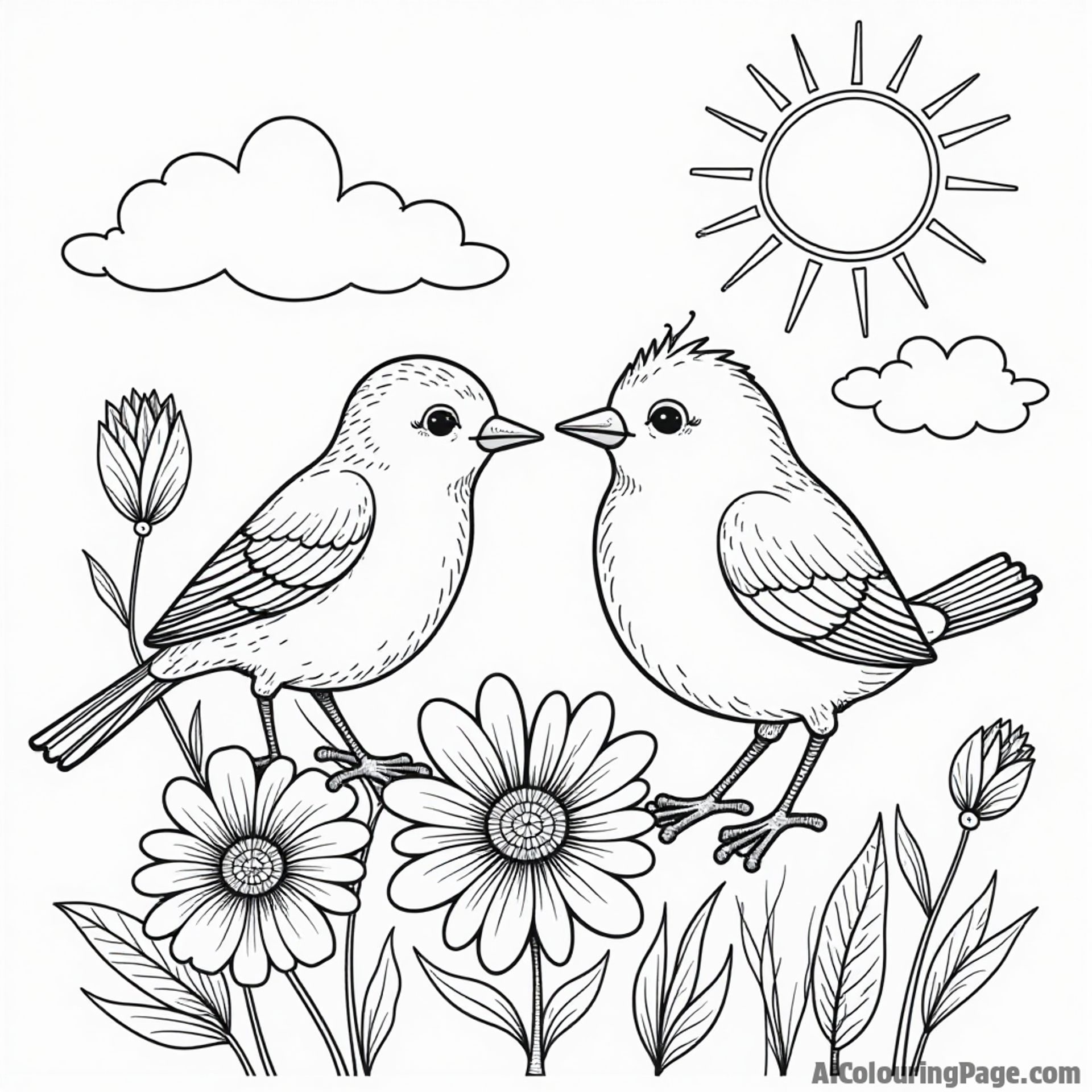 A robin and a butterfly sharing stories on a flower, with a bright sun and clouds creating a cheerful atmosphere.