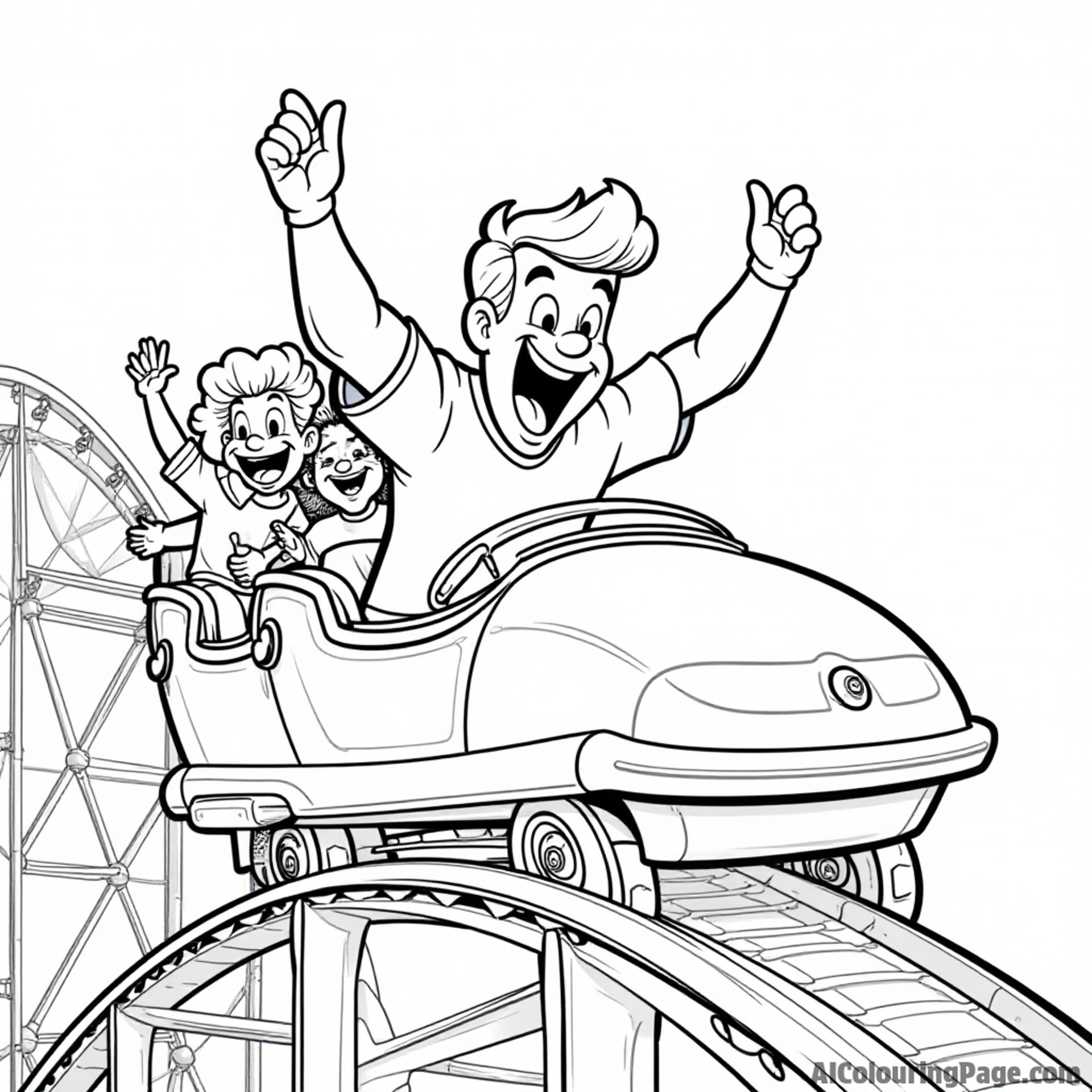 Johnny Bravo riding a roller coaster with friends and throwing his hands up