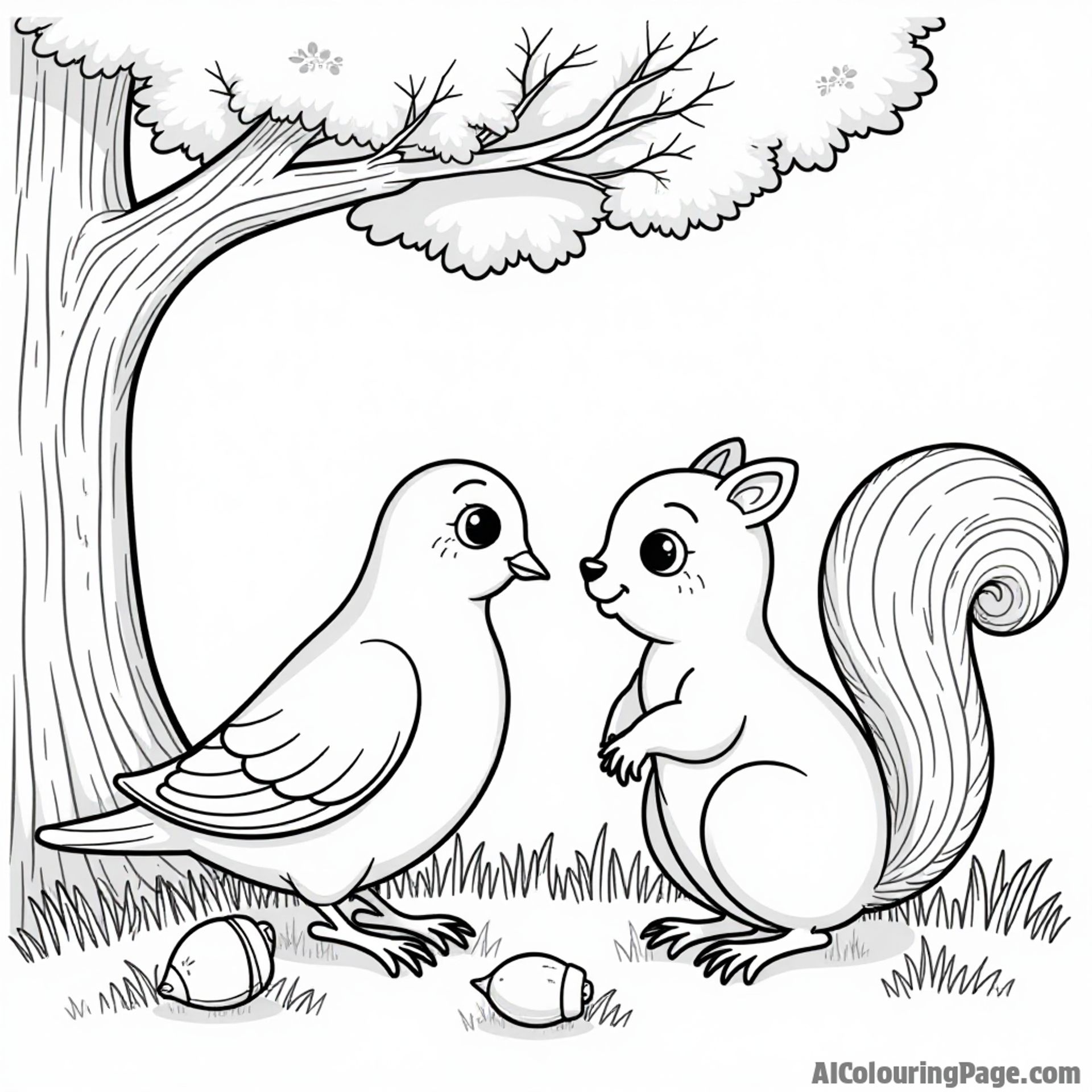 A dove and a squirrel sharing acorns under a tree, creating a friendly woodland scene for kids to color.