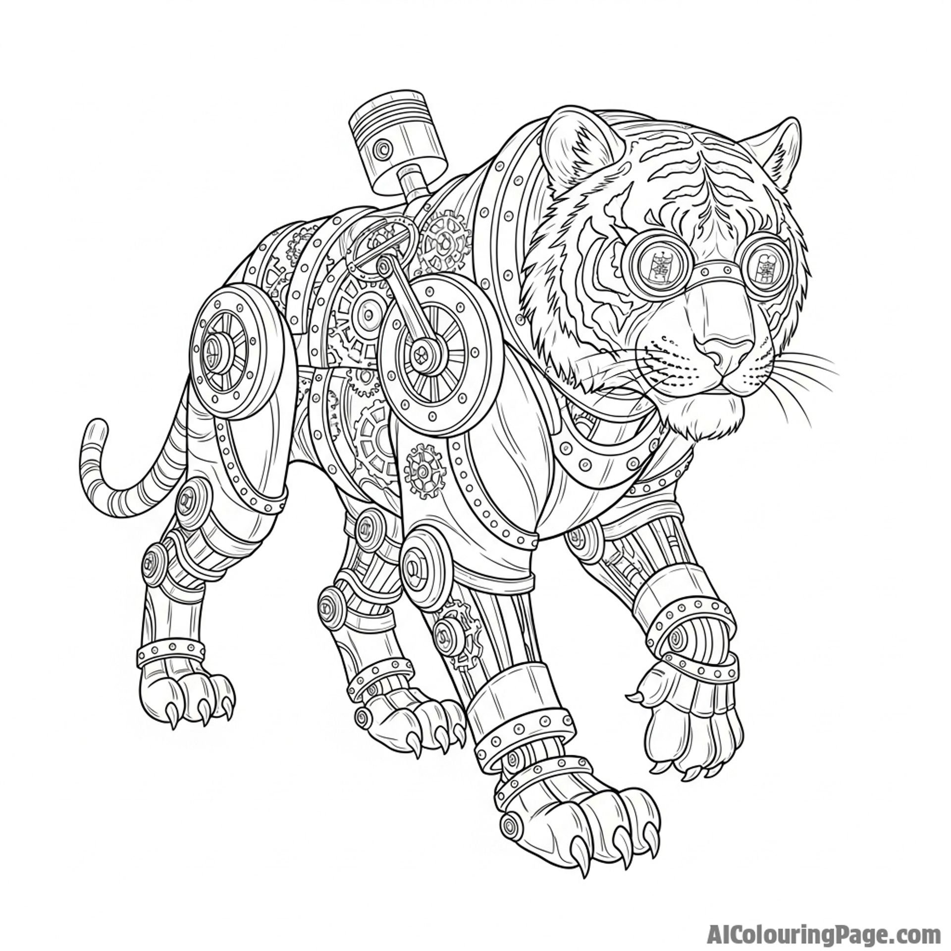 A steampunk tiger automaton, with intricate gears and glowing vacuum tubes.