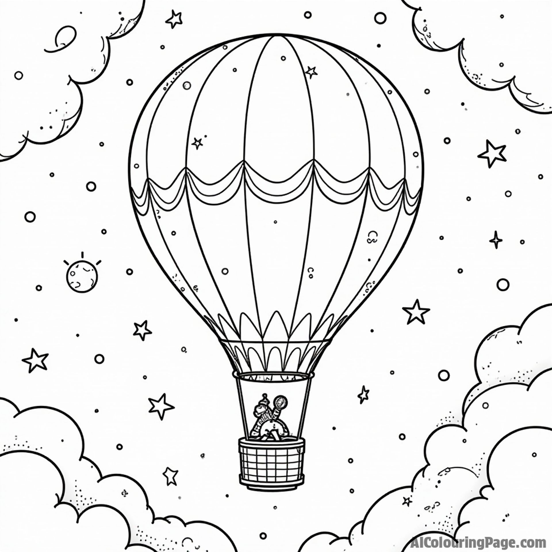A hot air balloon shaped like a spaceship, zooming through a galaxy filled with comets and stars, encouraging kids to color their own cosmic adventure.