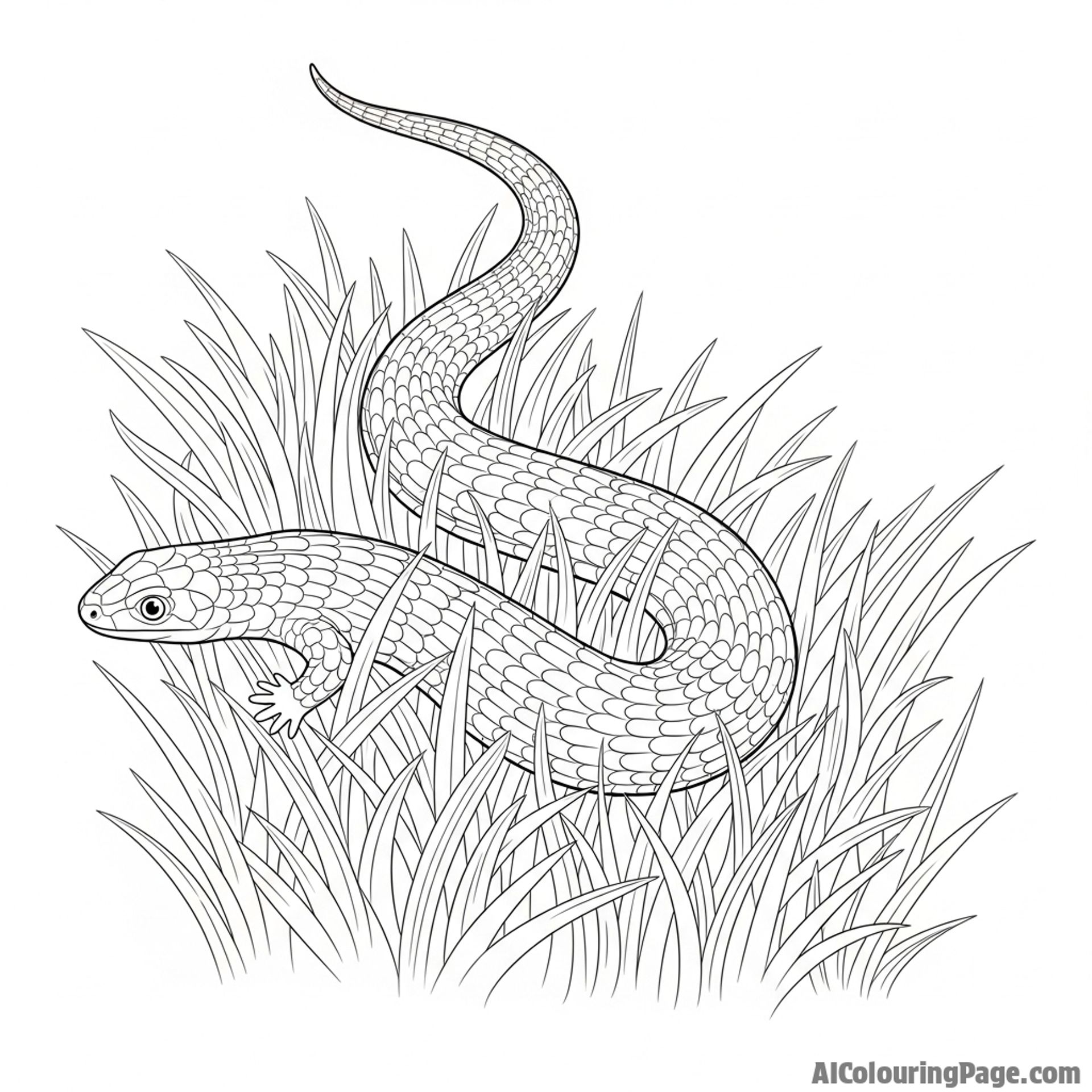 A glass lizard, legless and serpentine, moving through tall grass.