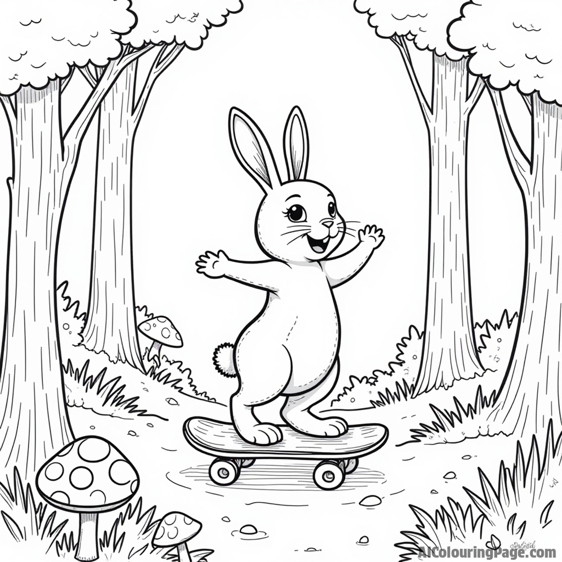 A whimsical scene of a rabbit skateboarding in a forest, surrounded by trees and mushrooms, offering a magical nature experience for children to bring to life with colors.