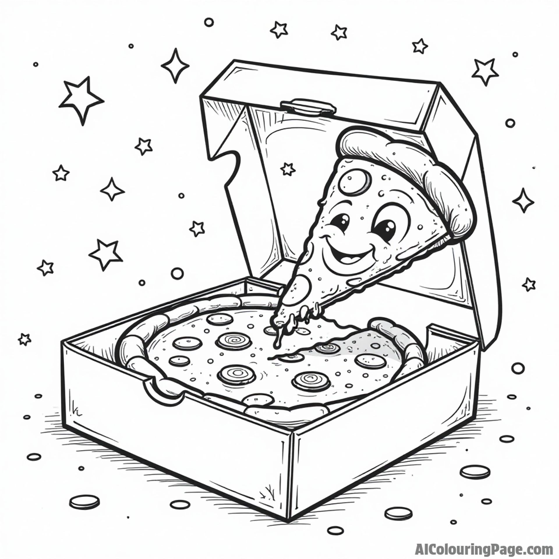 A cartoon pizza box opening up to reveal a smiling pizza slice, with confetti and stars around, celebrating a special occasion.
