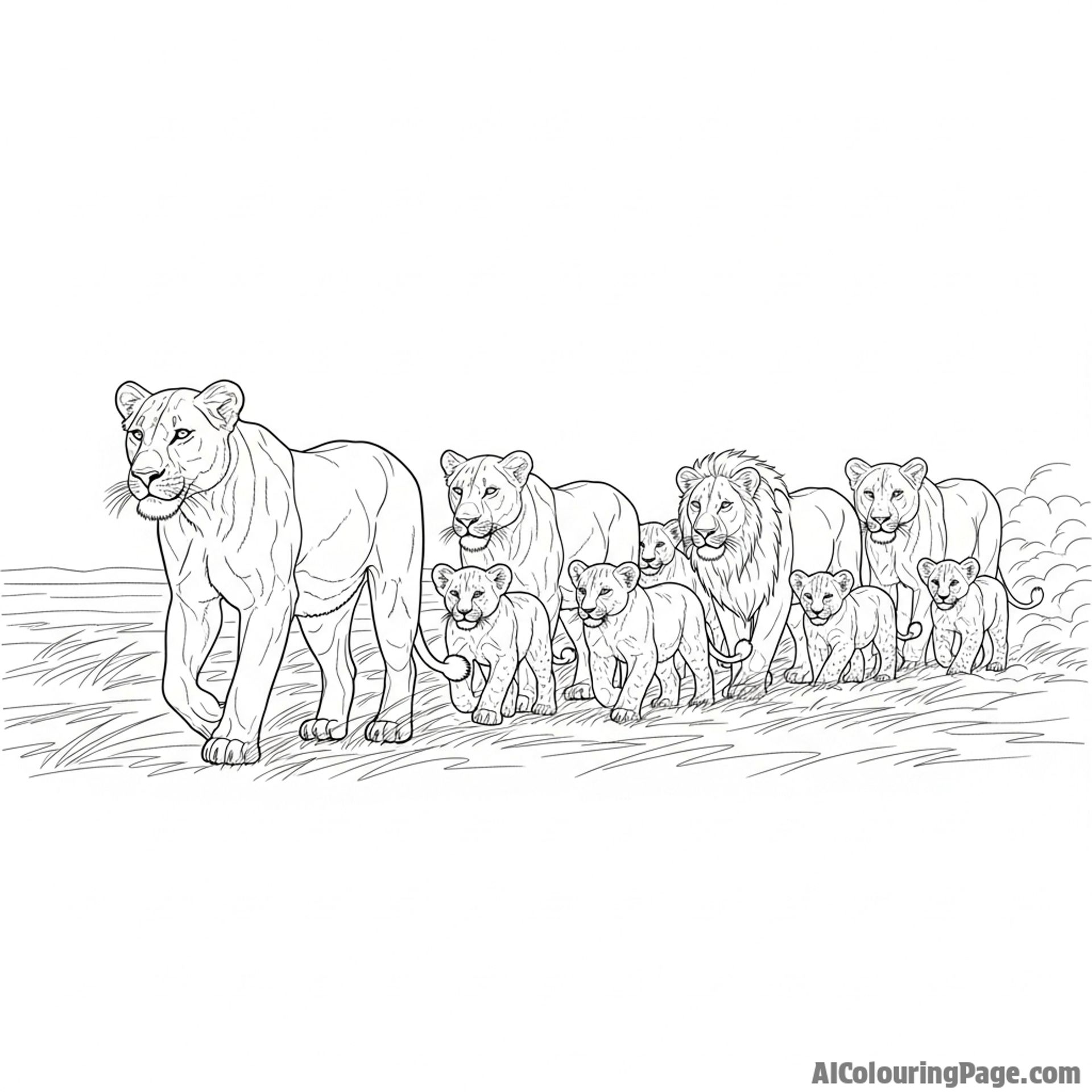 A pride on the move, walking in single file across a dusty, windswept plain.