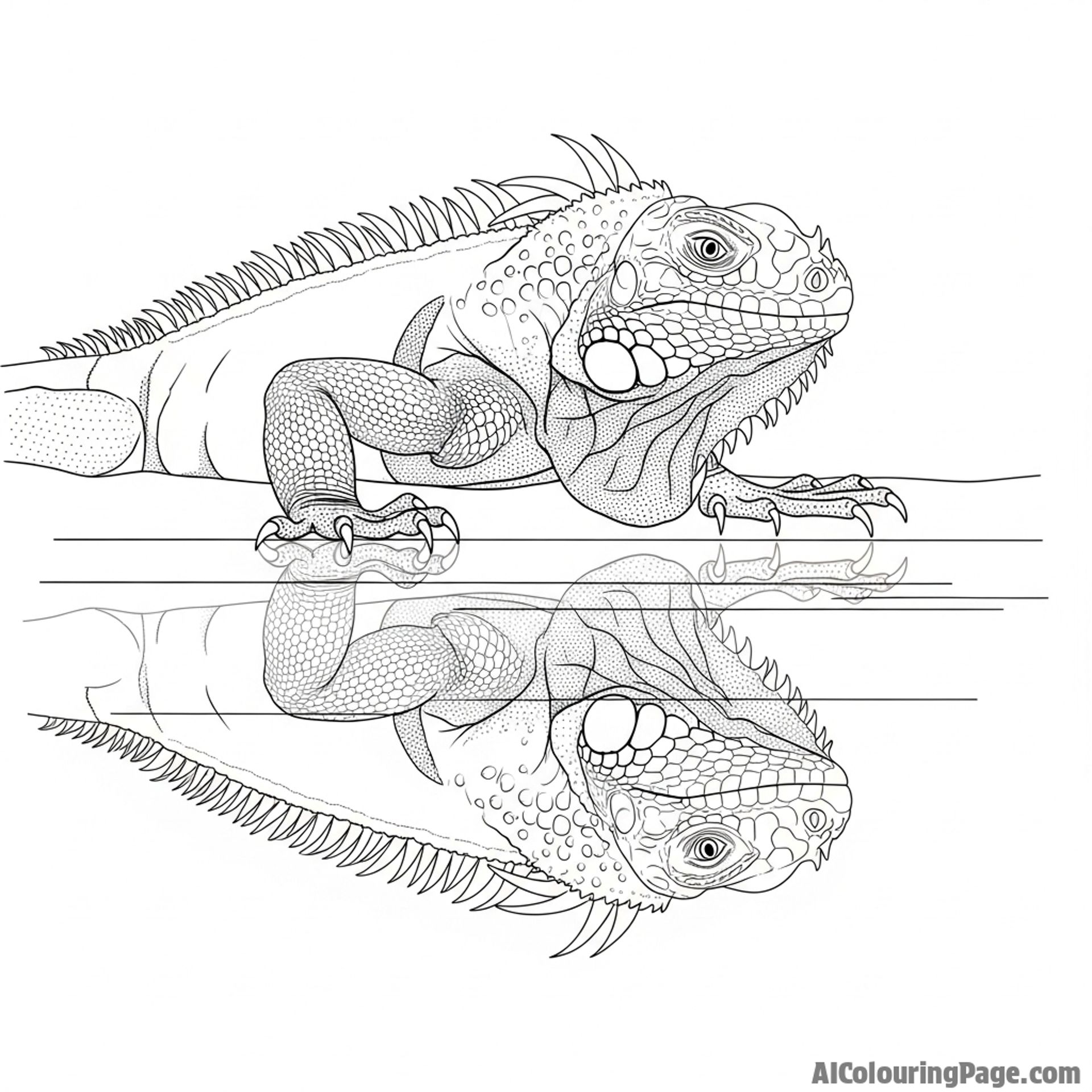 An iguana staring at its own reflection in a still pool of water.