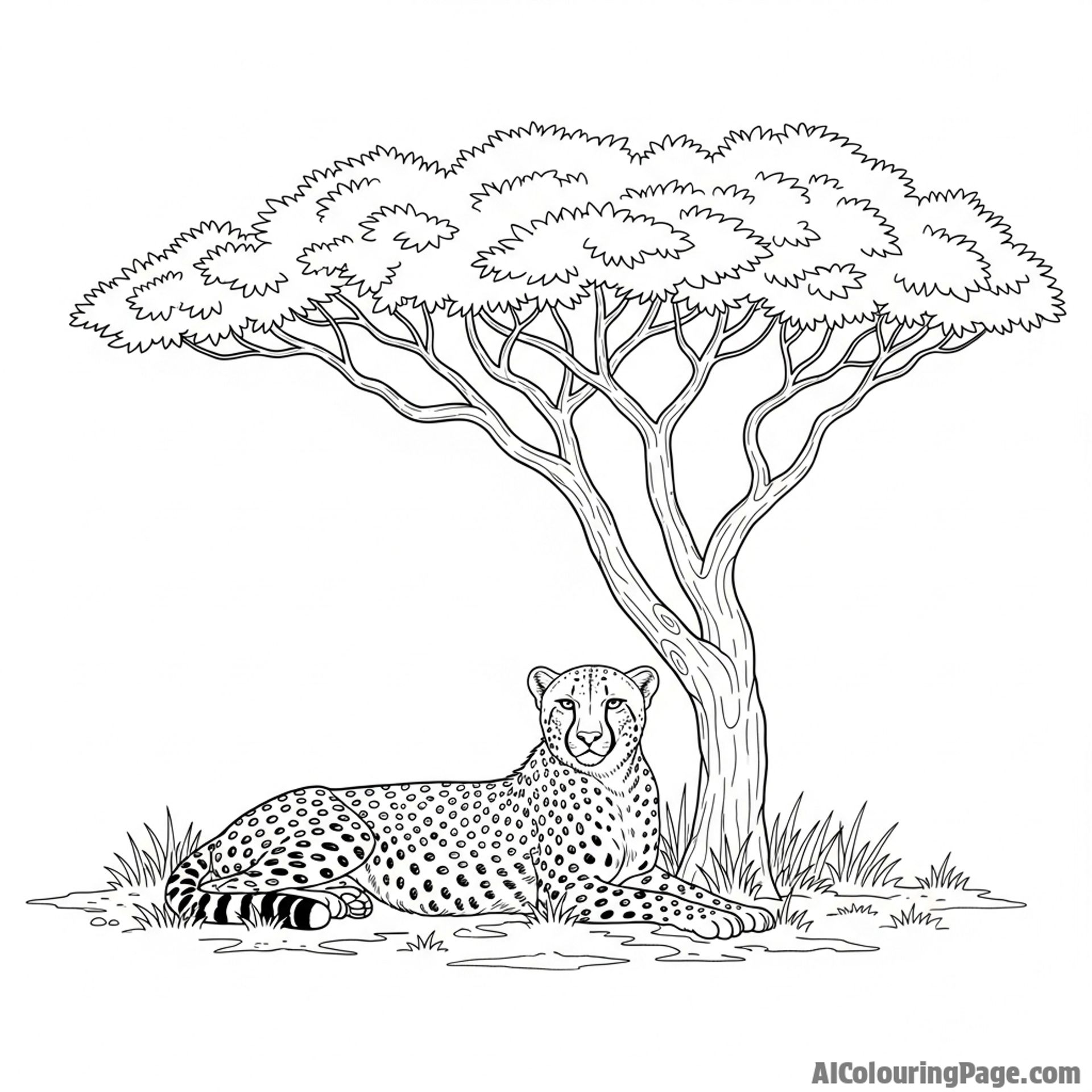 A cheetah resting in the sparse shade of an acacia tree during the midday heat.