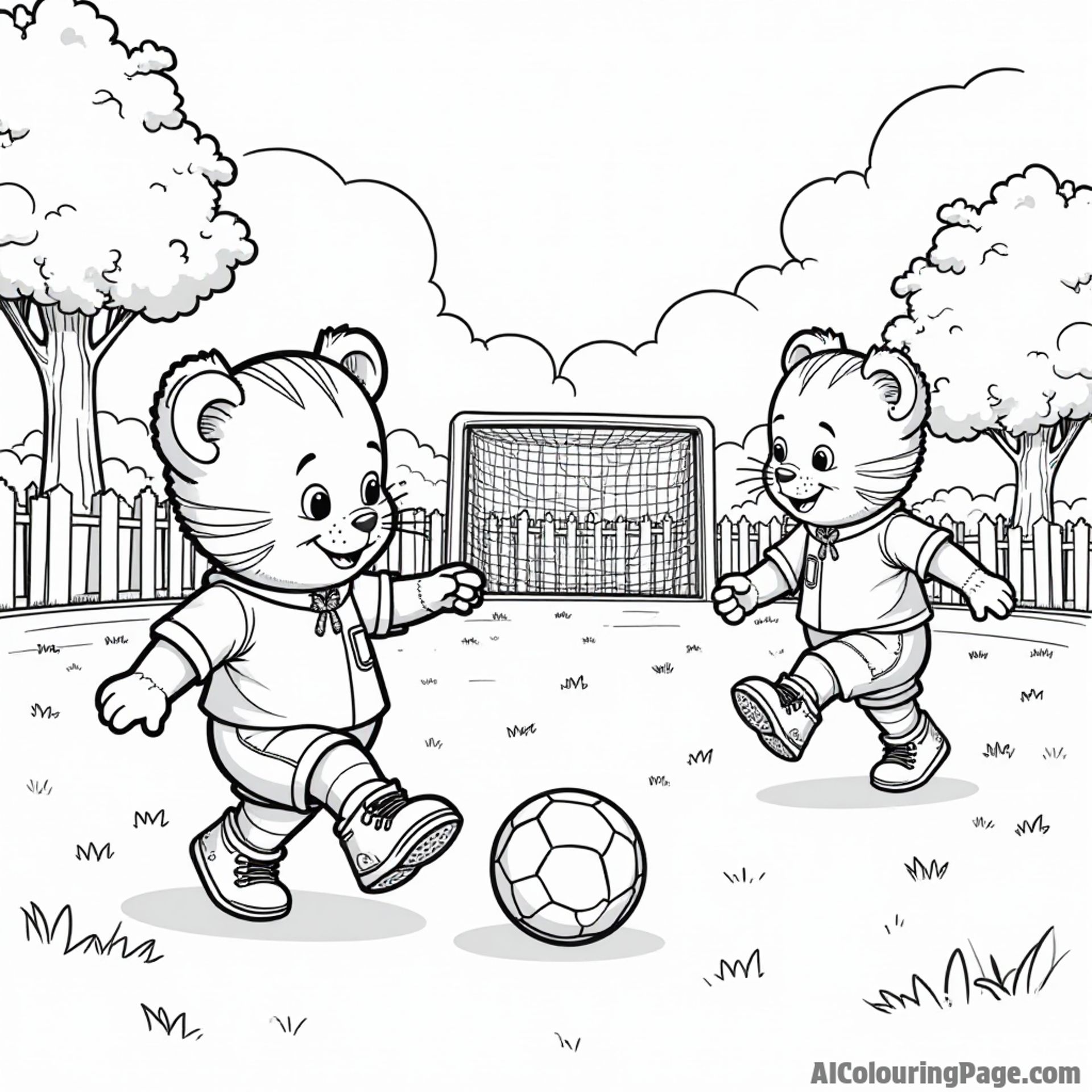 Daniel Tiger and his friends playing soccer in a park with a ball, goalposts, and cheering friends on the sidelines.