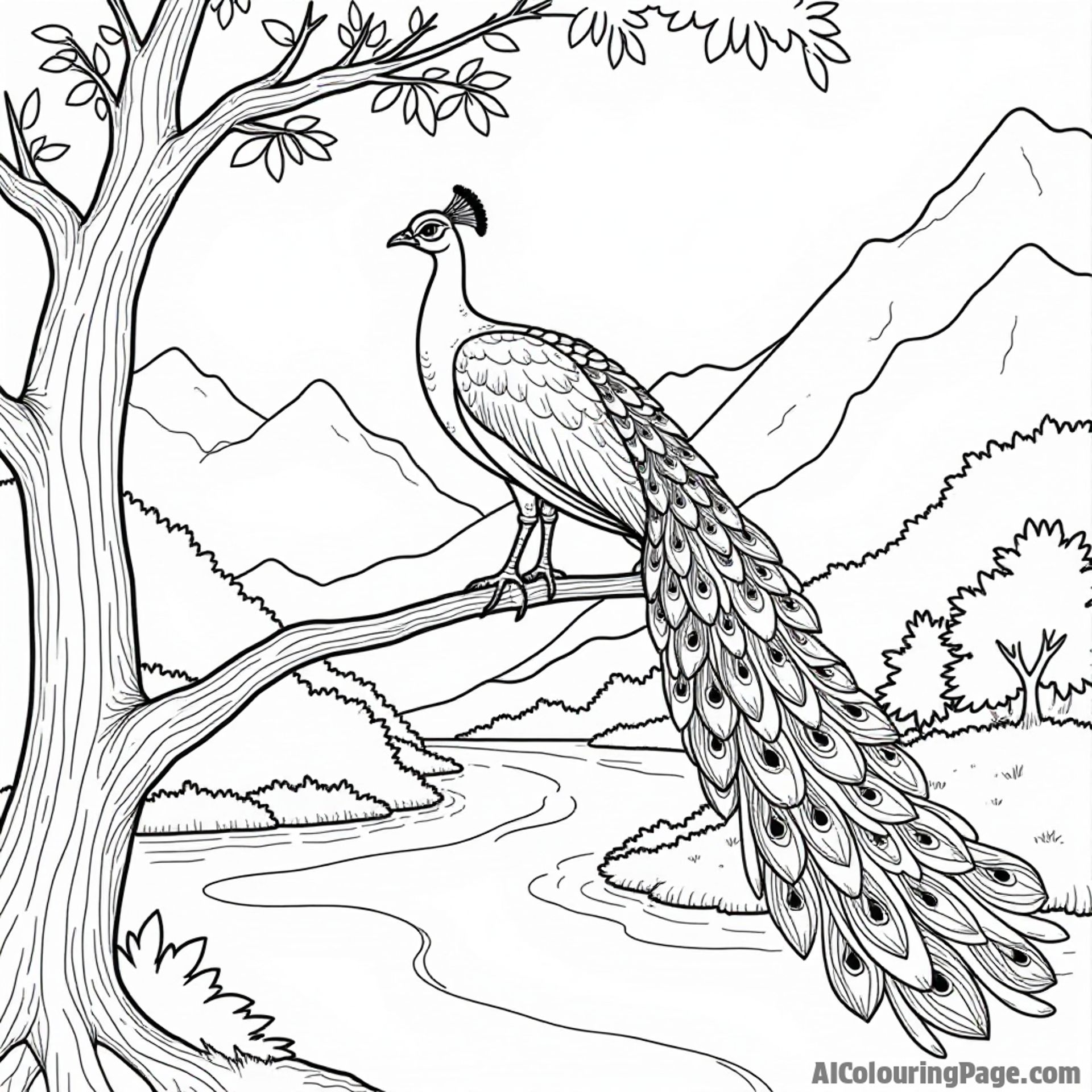 A peacock perched on a tree branch with a flowing river below and mountains in the background for a peaceful scene