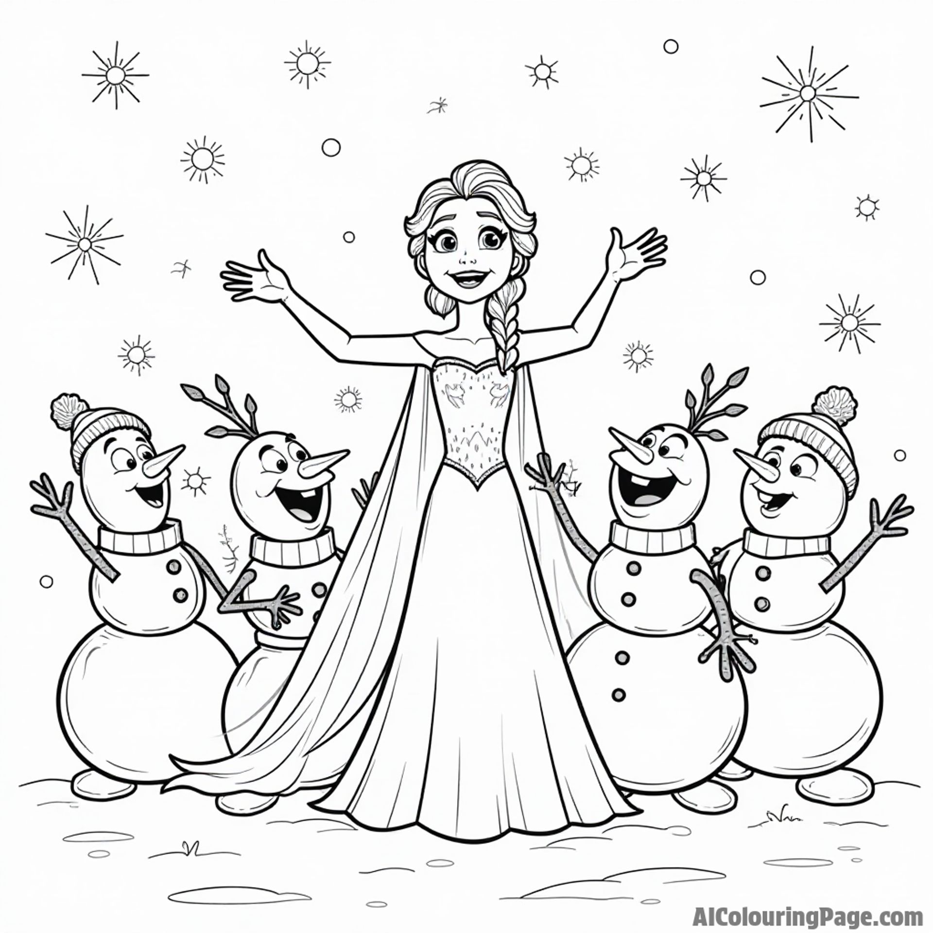 Elsa and a group of cheerful snowmen singing winter songs