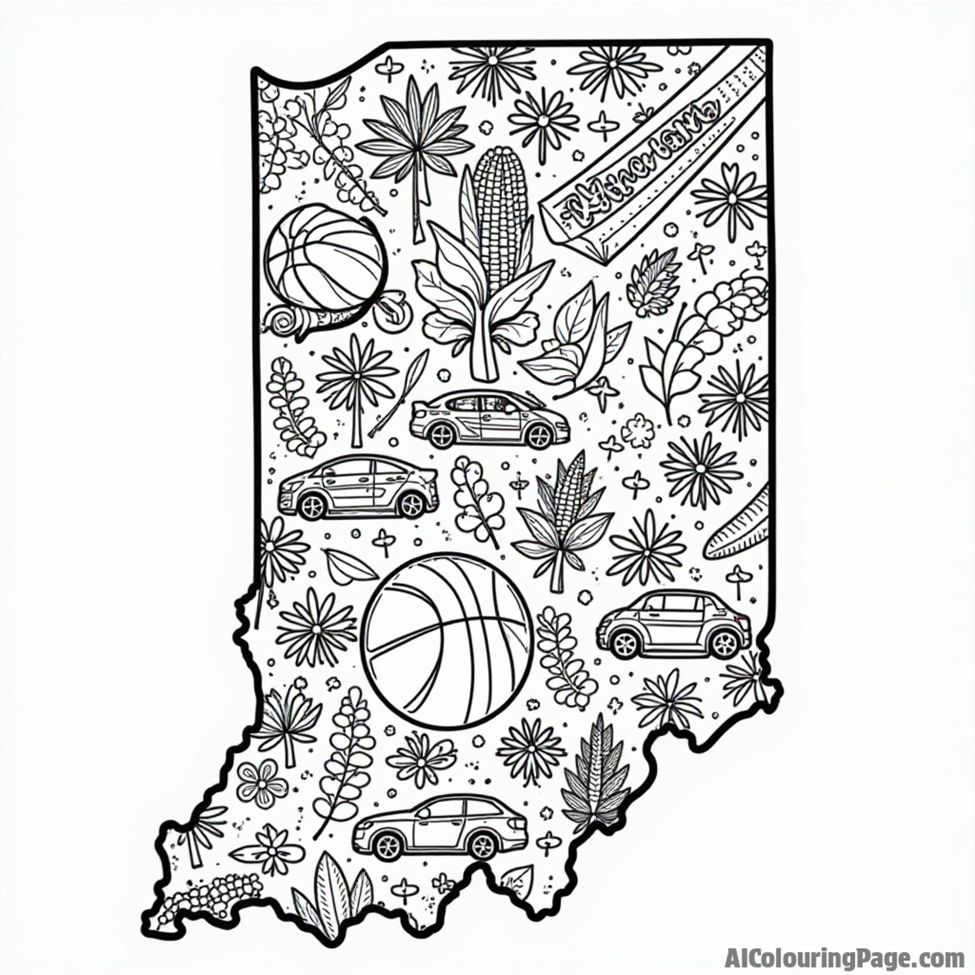 An Indiana state map filled with fun icons like basketballs, corn, and racing cars, creating an engaging coloring experience.