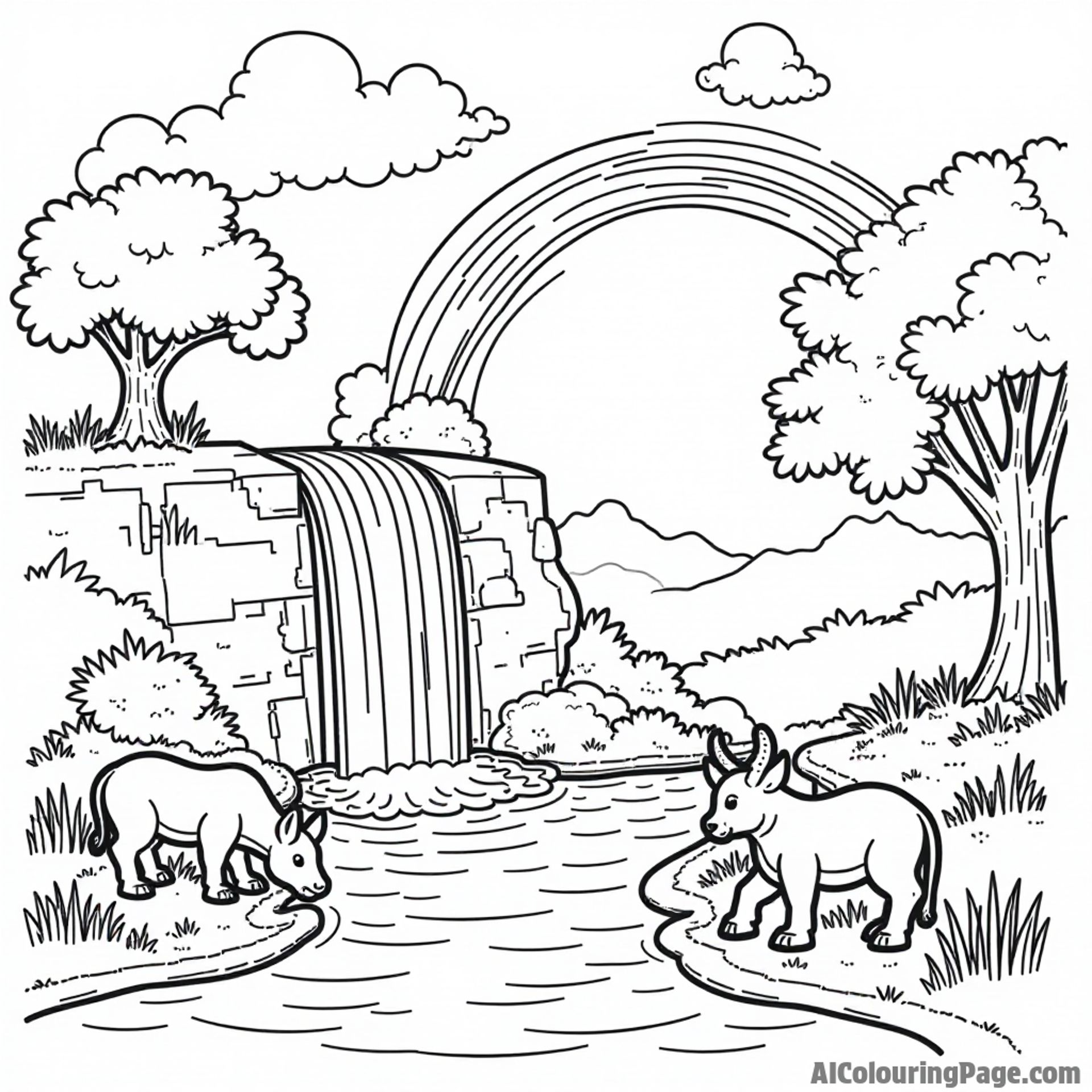 A LEGO nature scene featuring a beautiful waterfall, a rainbow, and animals drinking from a clear pond nearby.