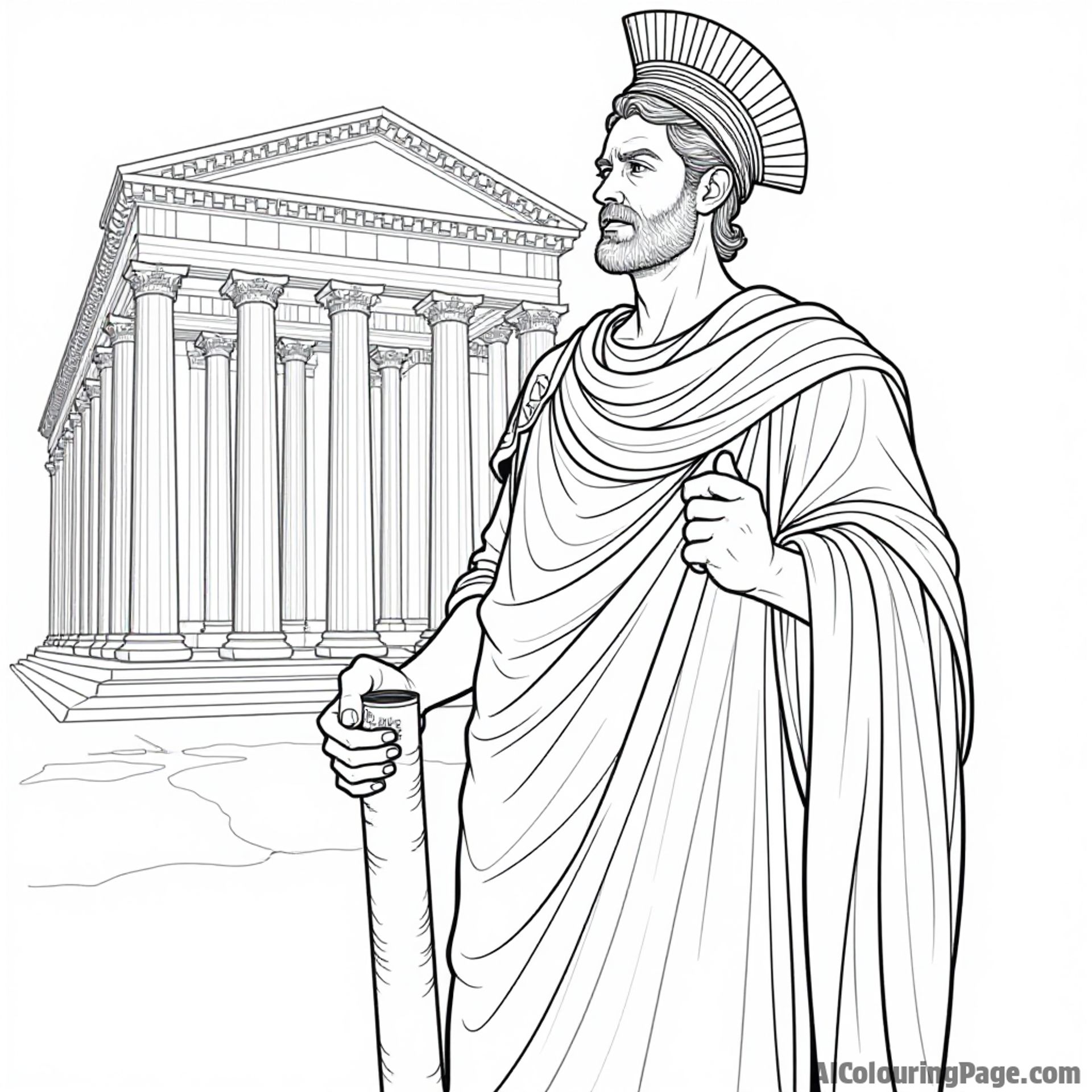 A Roman senator in traditional robes, standing in front of a grand temple, holding a scroll, evoking the political life of ancient Rome for children to explore through coloring.