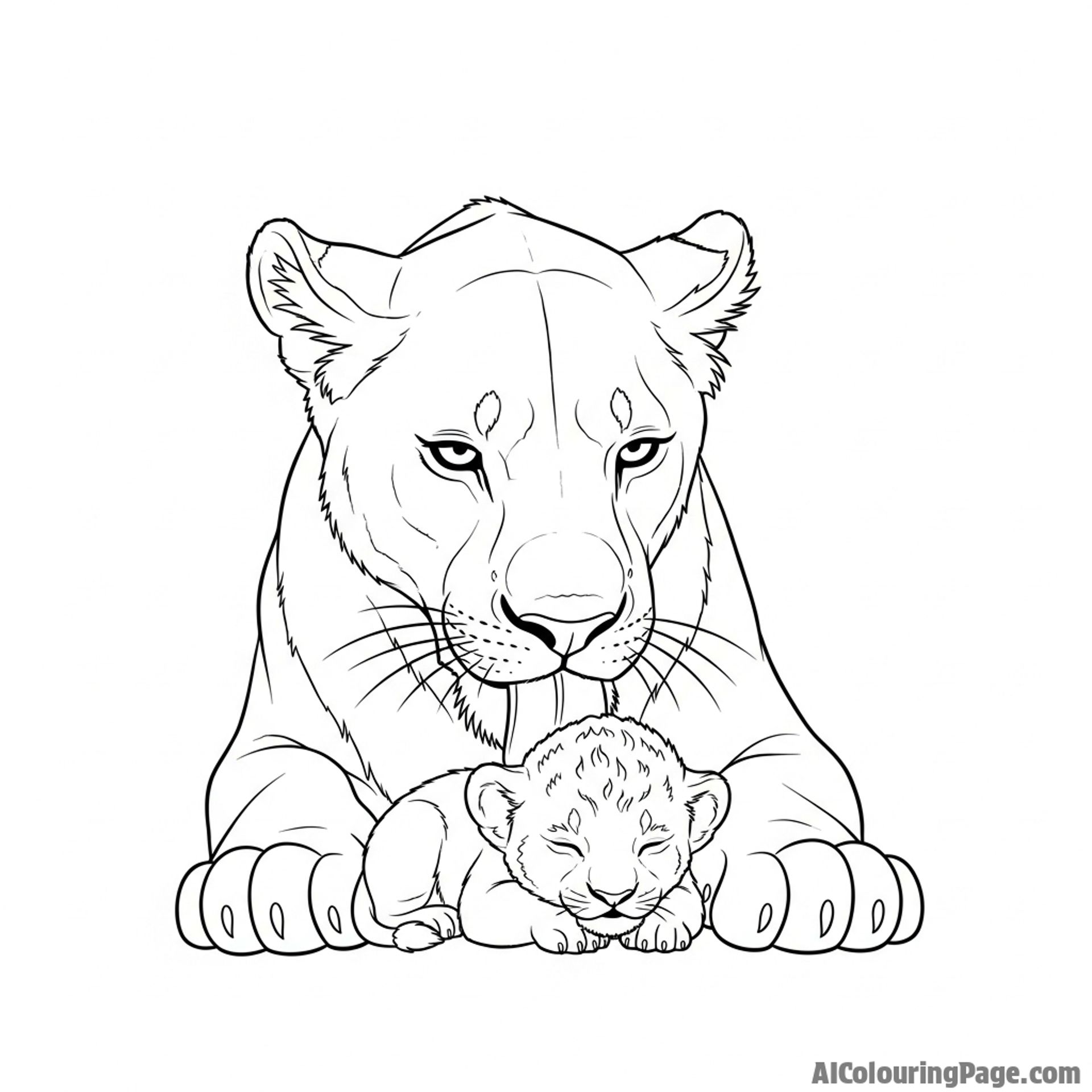 A lioness tenderly grooming her newborn cub.