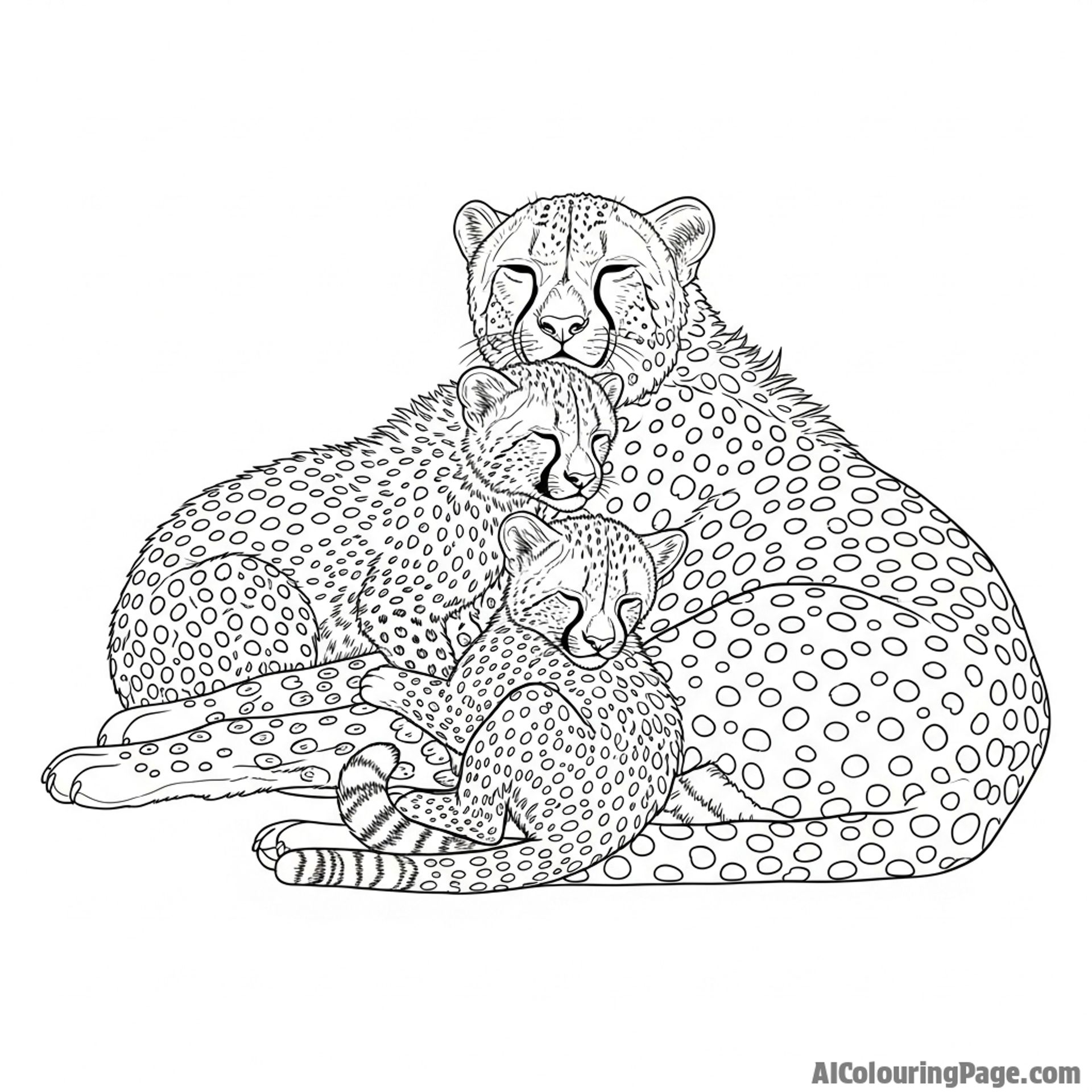 A cheetah family resting together, their bodies forming an intricate composition of lines and patterns.