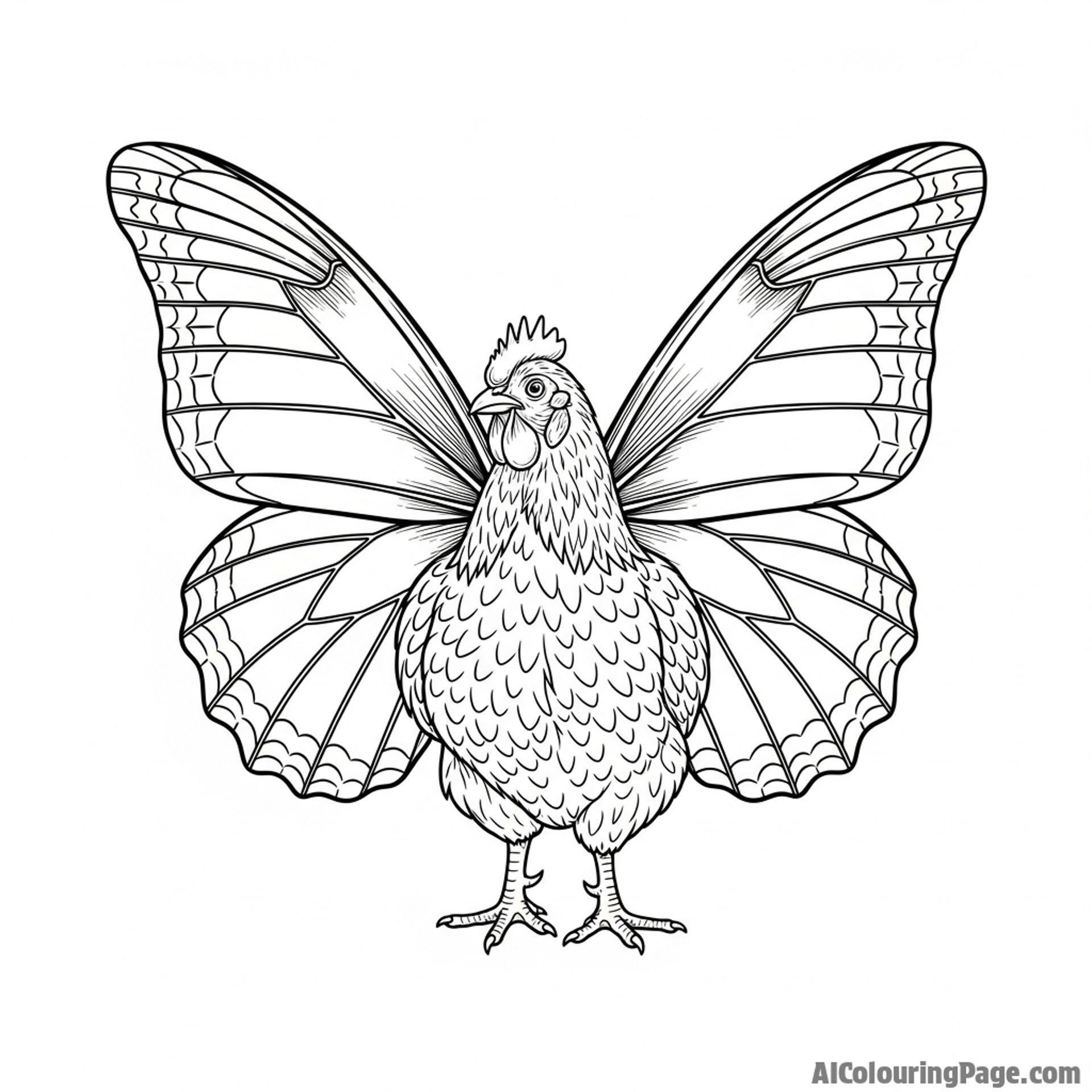 A surreal image of a chicken with butterfly wings.