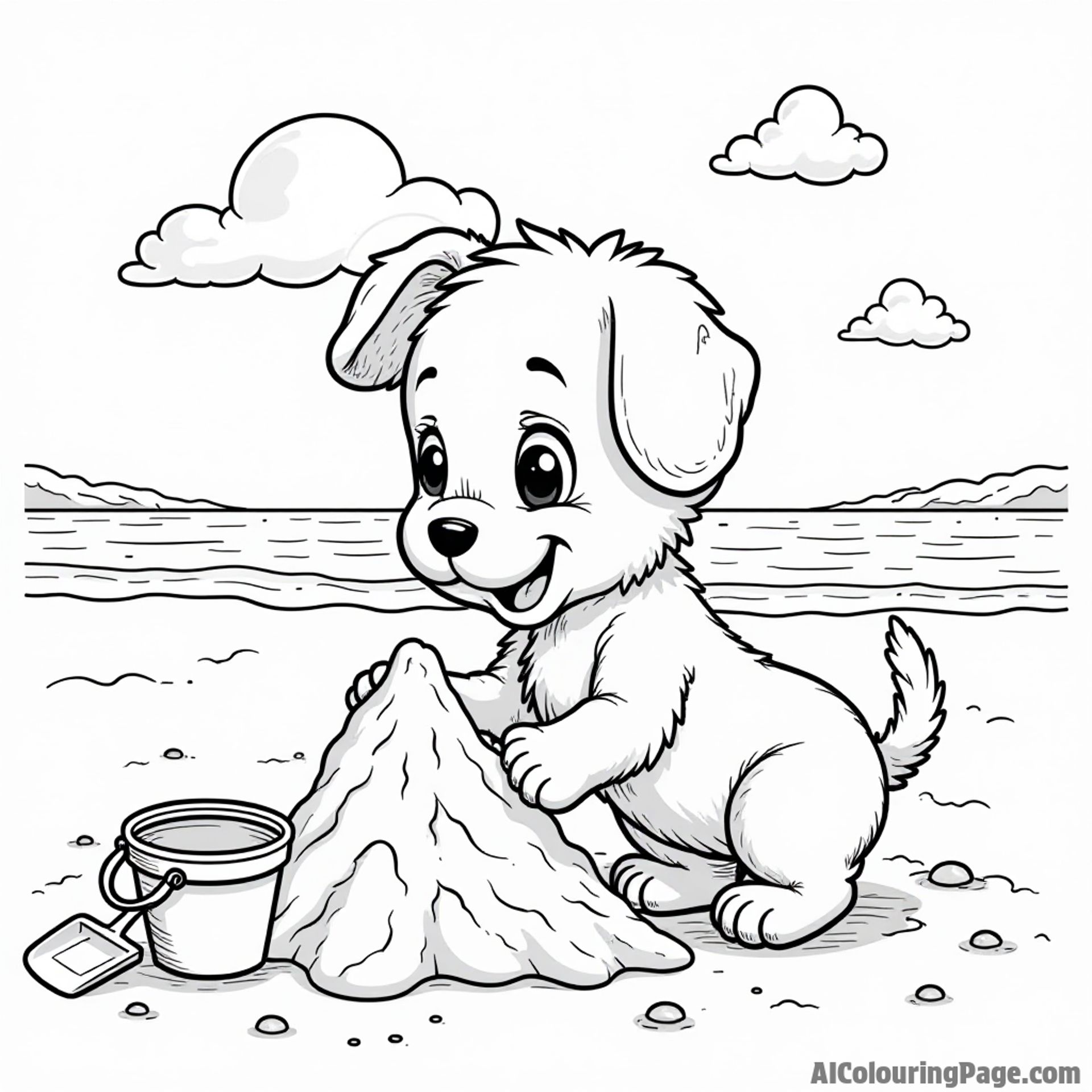 A puppy building a sandcastle at the beach, with a bucket, shovel, and flying seagulls in the bright sunny sky.