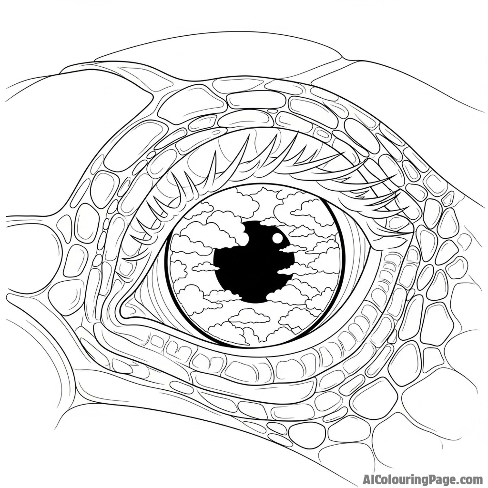 Close-up macro shot of a turtle's eye, reflecting the sky.