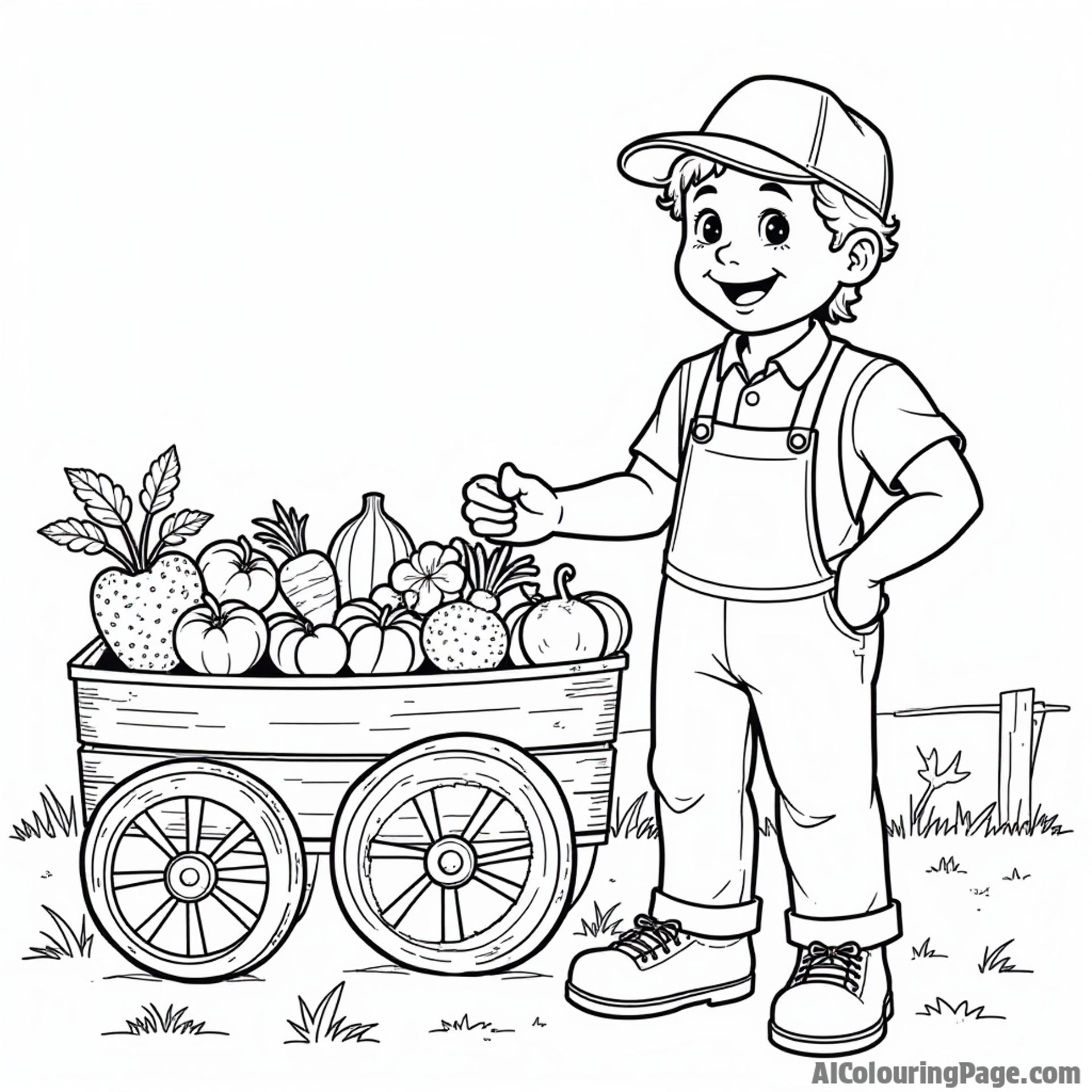 A charming farmer's market scene with fresh vegetables, a smiling farmer, and a rustic wooden cart for kids to color
