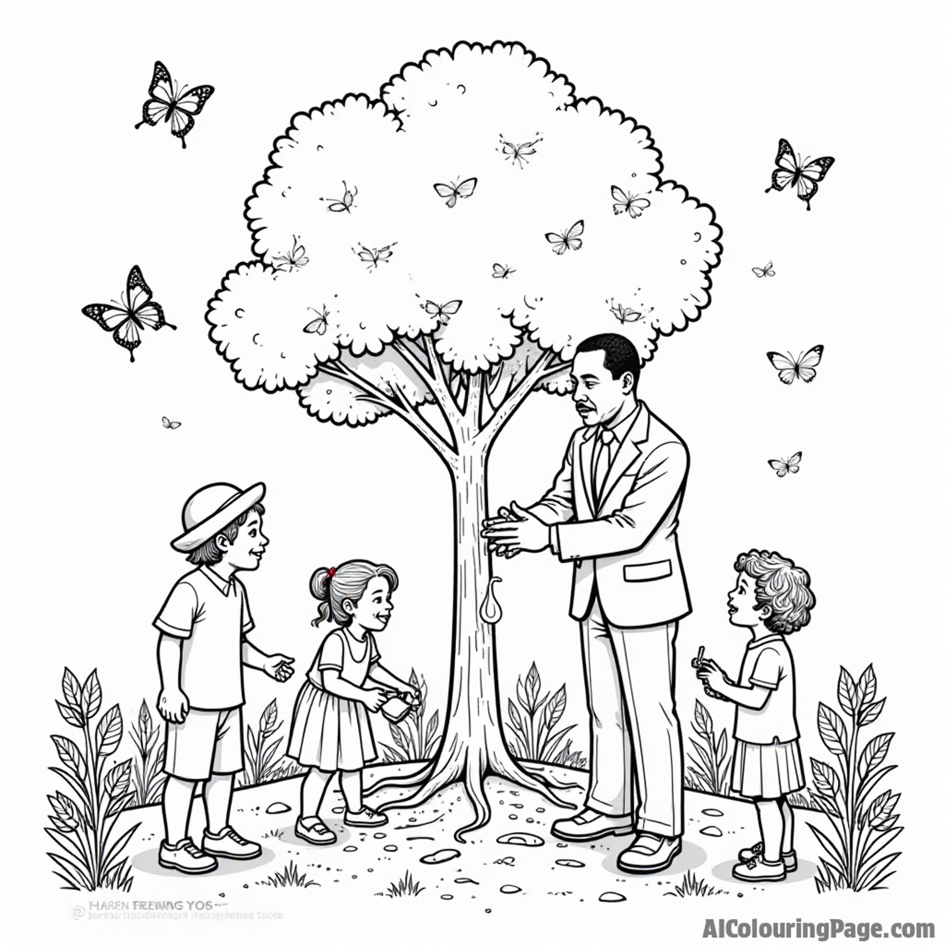 A peaceful garden where Martin Luther King Jr. plants a tree symbolizing hope, surrounded by children watering it, with butterflies fluttering, all outlined for nature-inspired coloring.