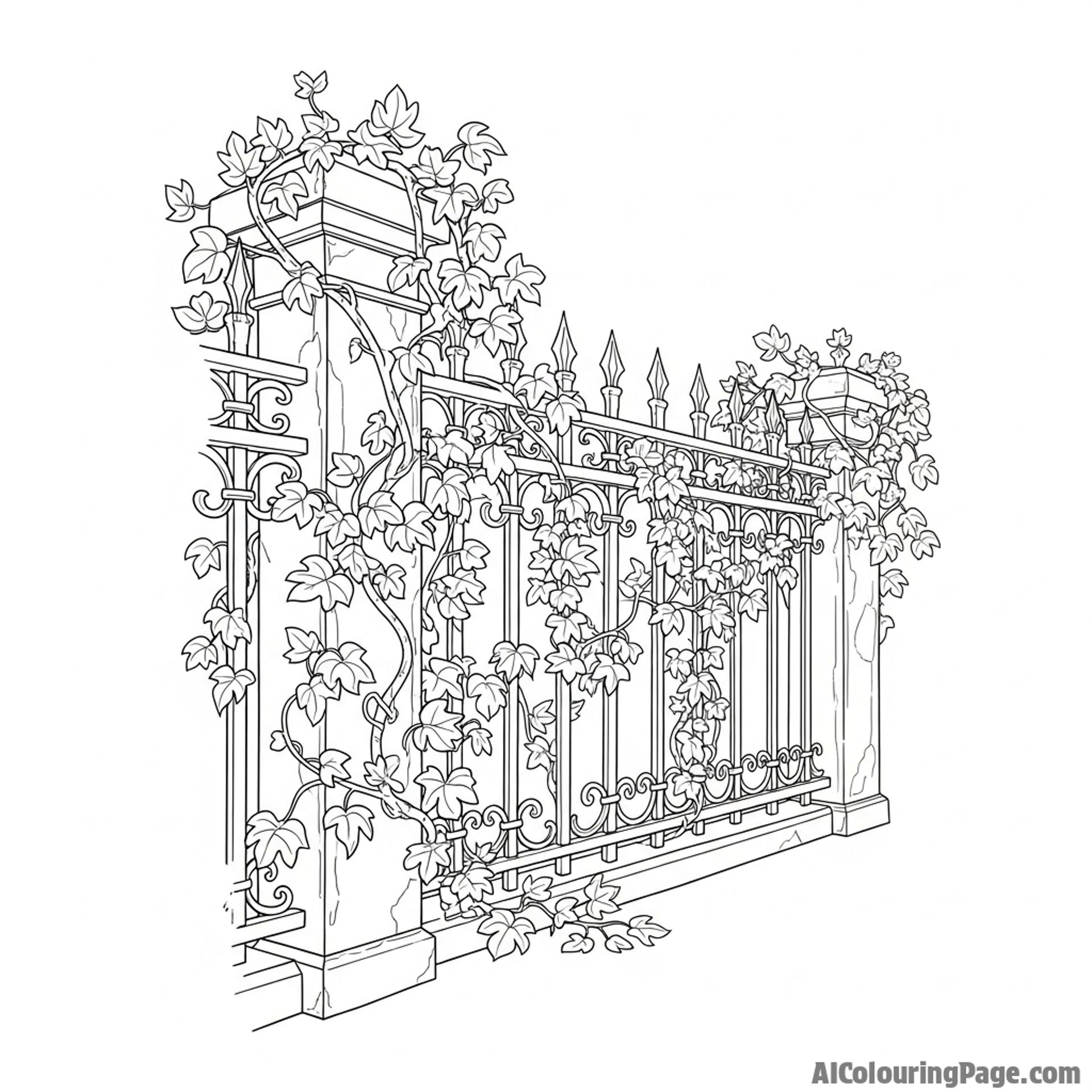An ornate fence partially covered in creeping vines with attached leaves.