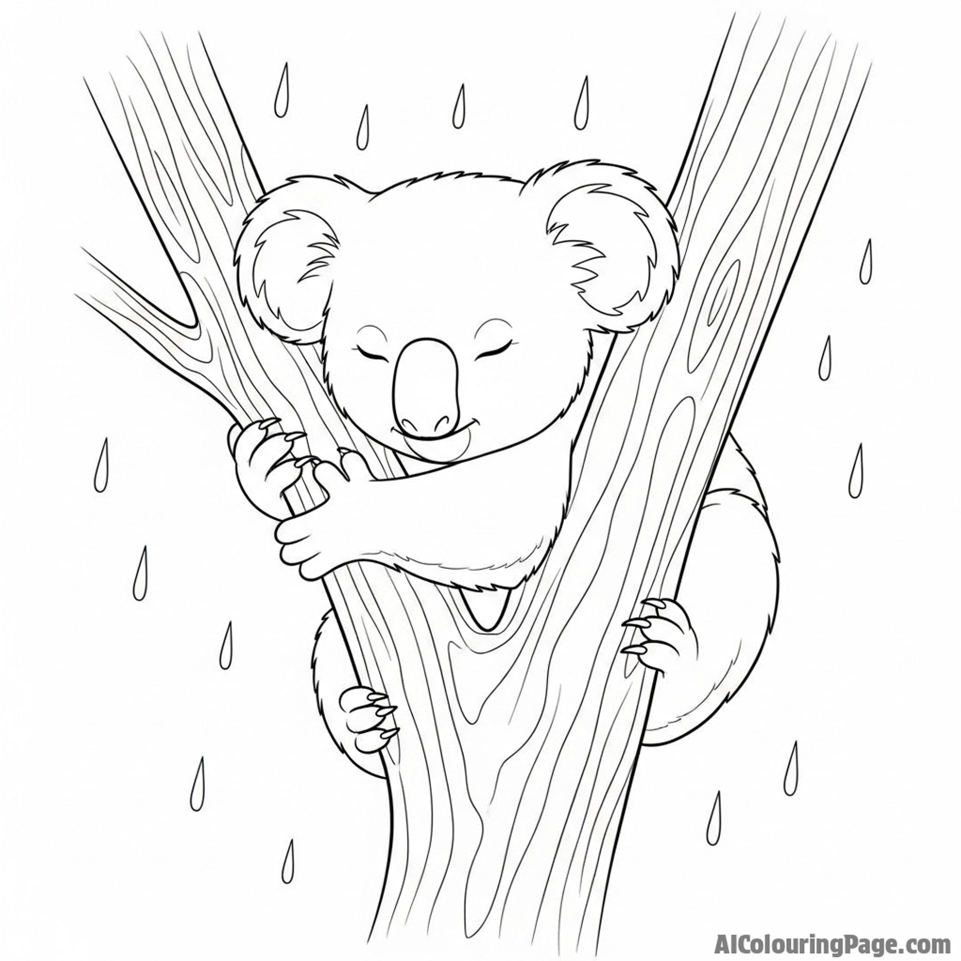 A koala peacefully asleep while gentle raindrops fall around it.