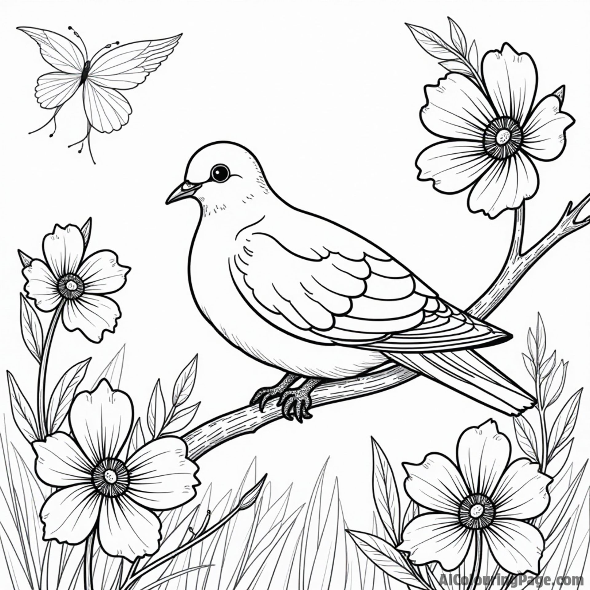 A dove perched on a branch surrounded by blooming flowers in a peaceful garden scene for a coloring page.