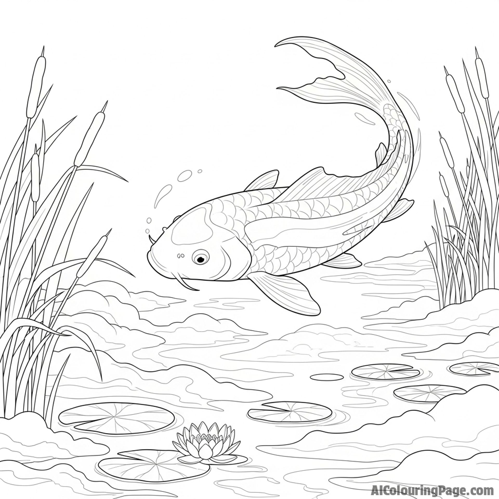 A ghostly, translucent koi swimming through a pond shrouded in thick morning mist.