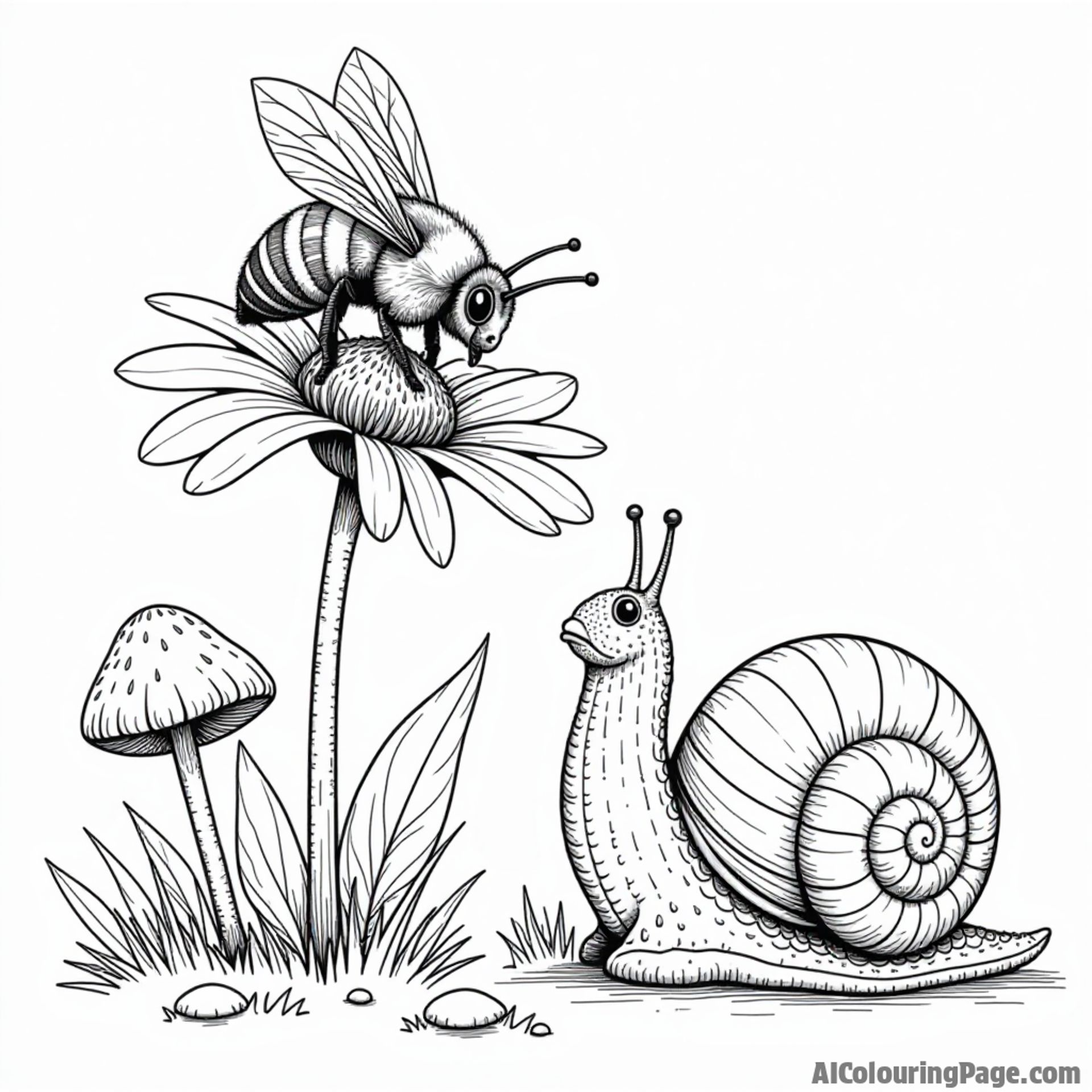A bee sitting on a flower while a curious snail peeks out from its shell, with mushrooms scattered around.