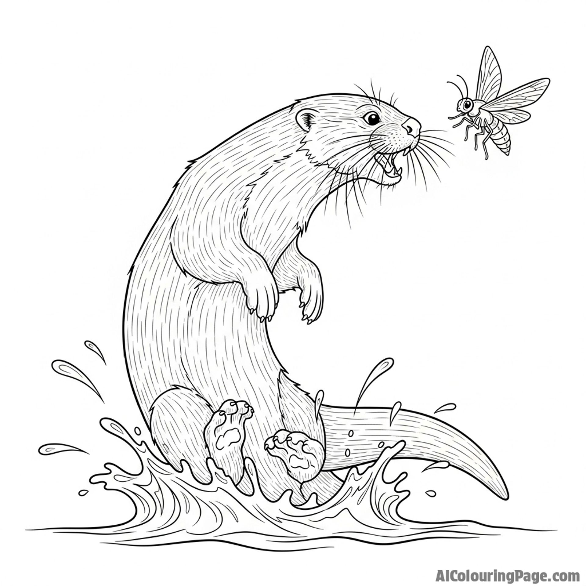 A powerful river otter leaping from the water to catch an insect.