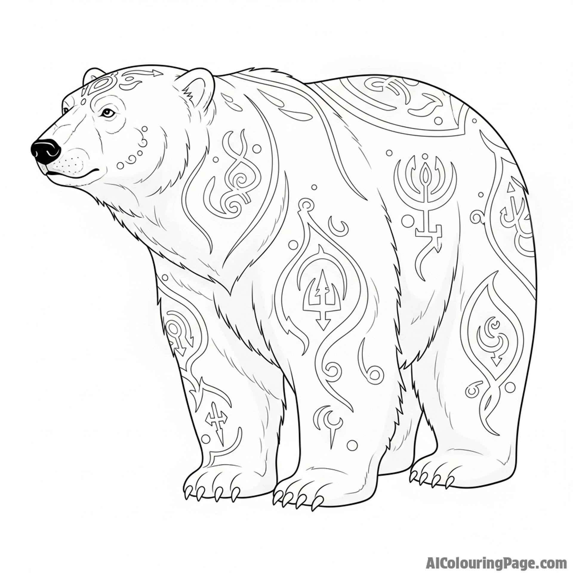 A fantasy illustration of a polar bear with glowing symbols etched into its fur.