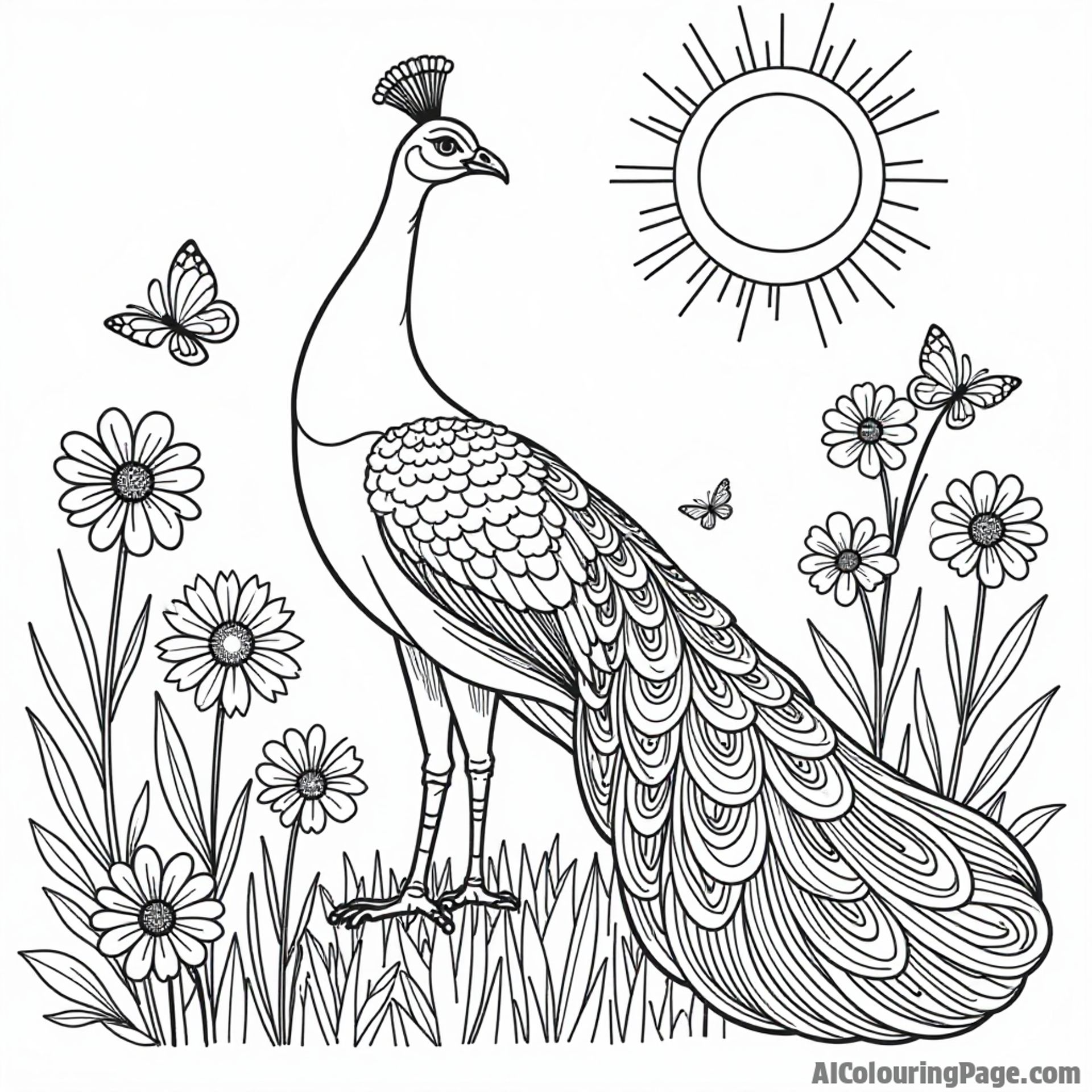 A peacock displaying its feathers in a serene garden surrounded by blooming flowers and butterflies under a sunny sky