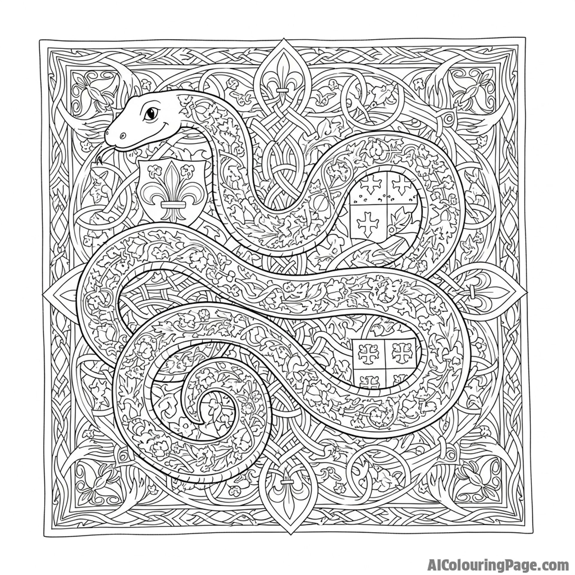 A serpent woven into the complex design of an intricate medieval tapestry.