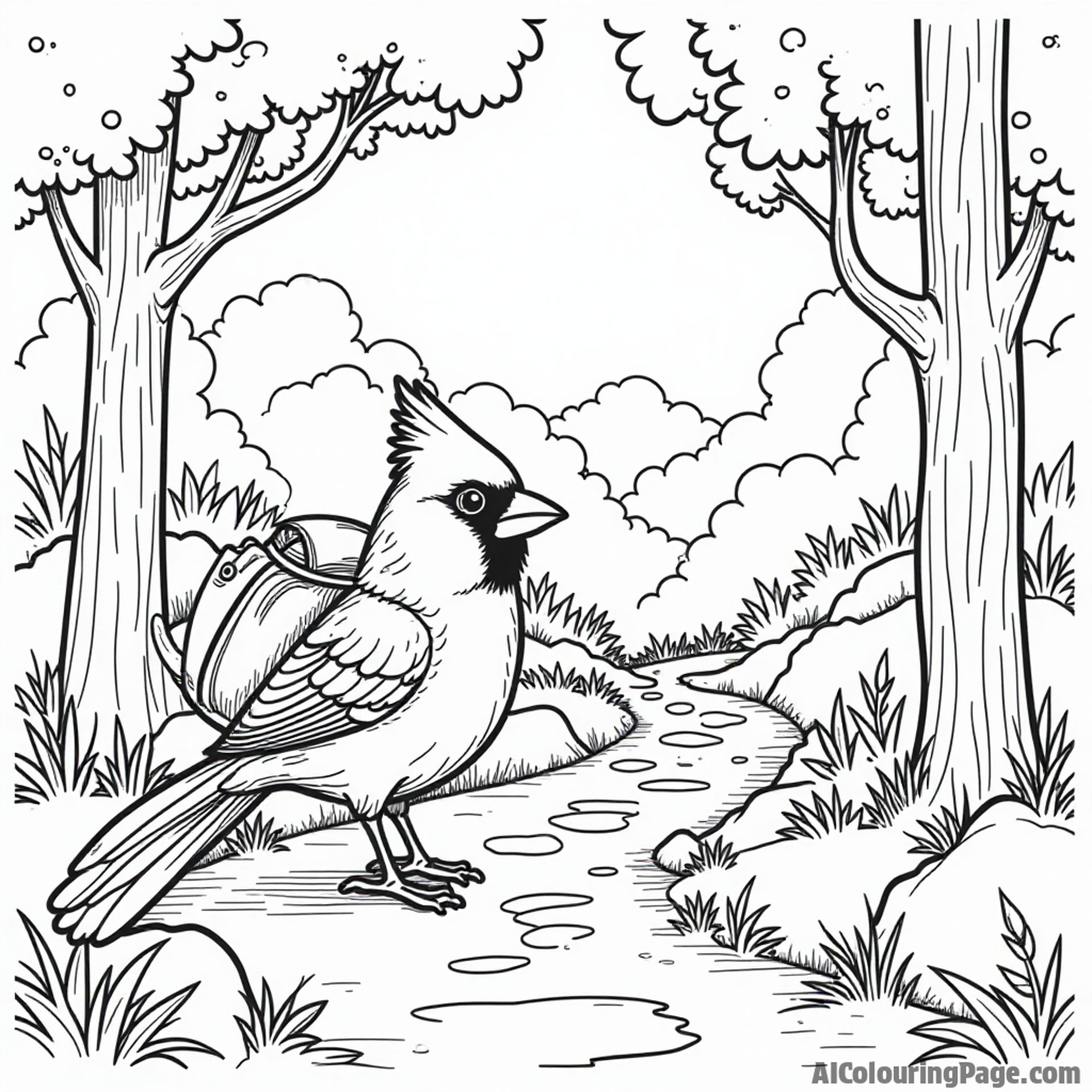 A cardinal with a tiny backpack exploring a forest path, with trees and rocks leading to a mystery for creative coloring.