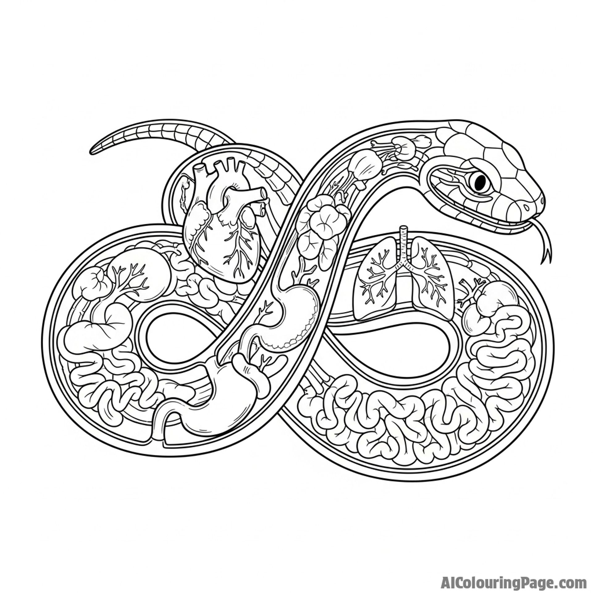 A detailed scientific illustration of a snake’s anatomy, showing its internal organs.
