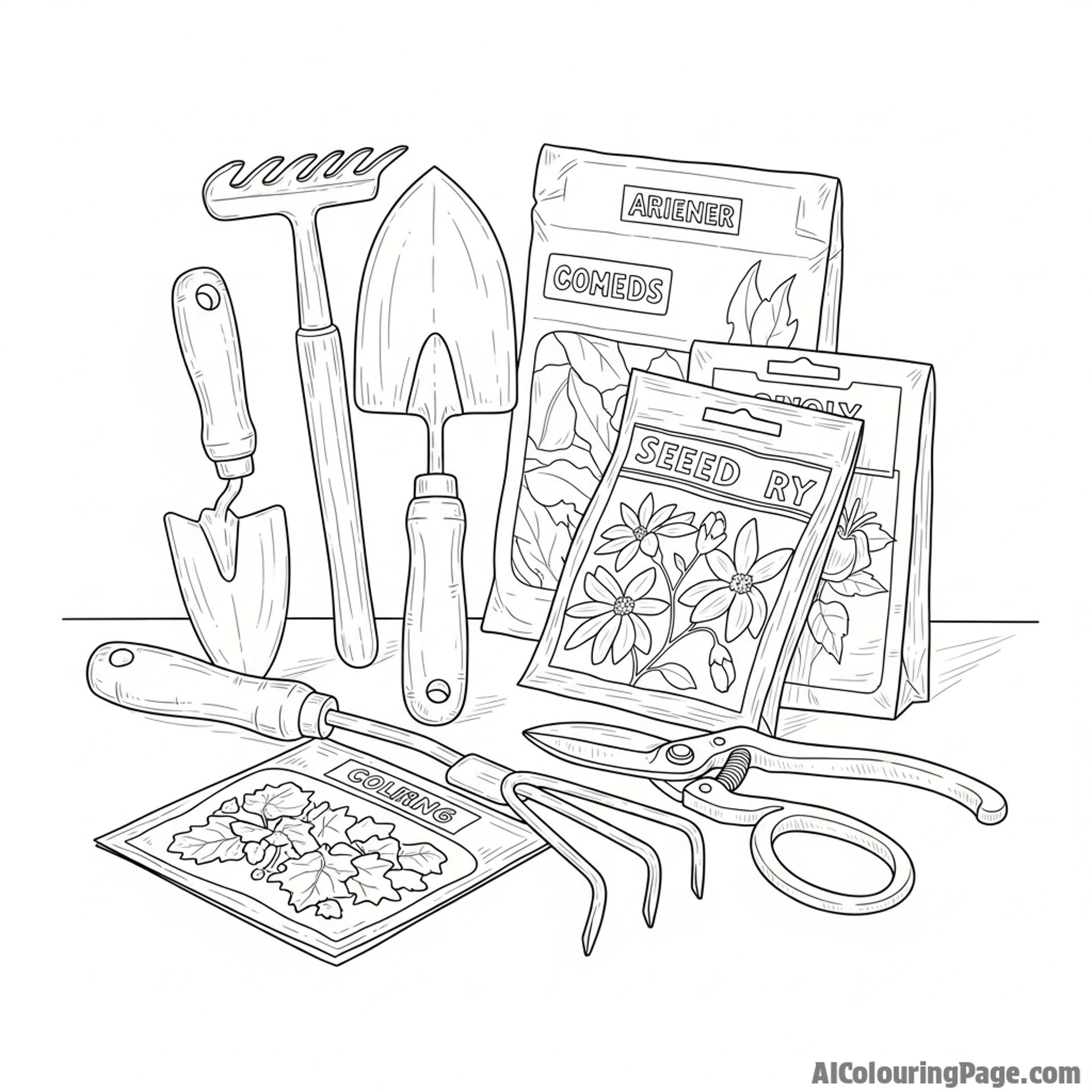 Still life of gardening tools and seed packets.